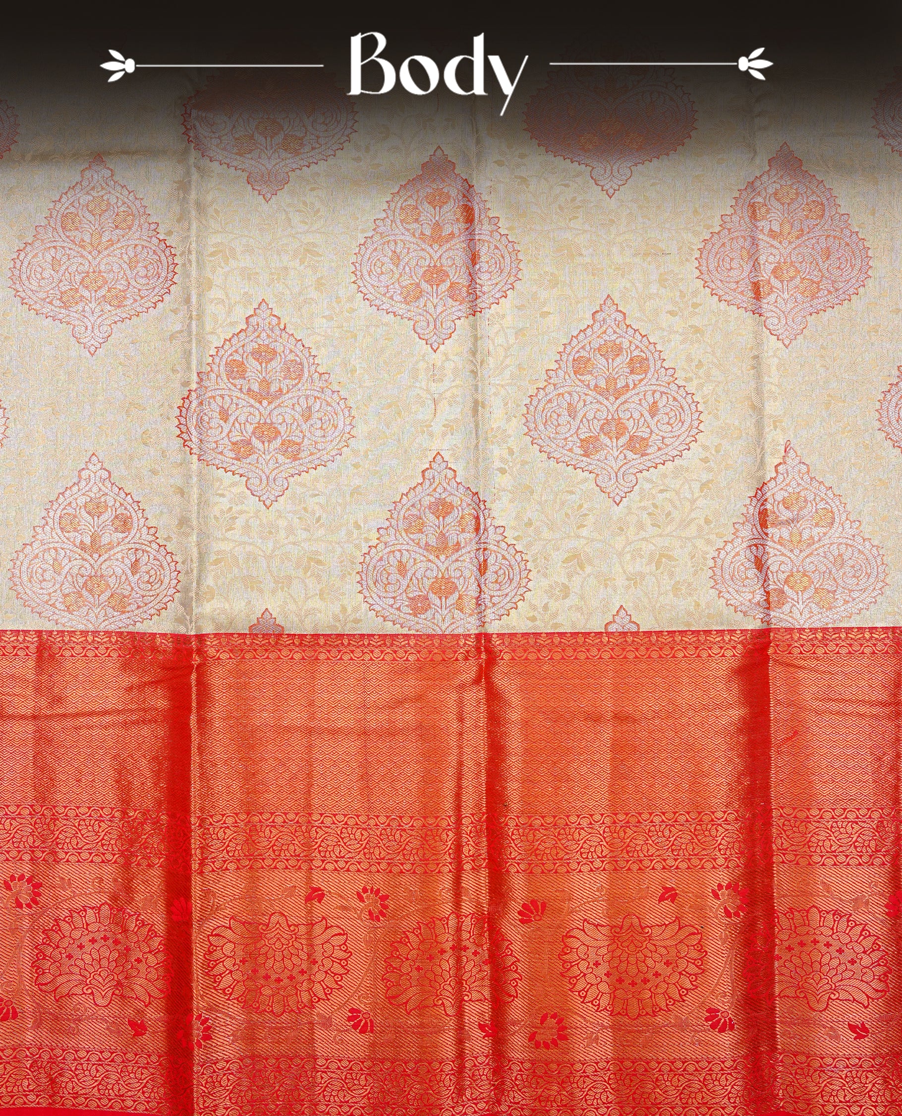 Light gold colour Semi tissue silk saree featuring Gold zari kodi & Red zari Motifs on body, Contrast Red colour with traditional border, paired with matching.
