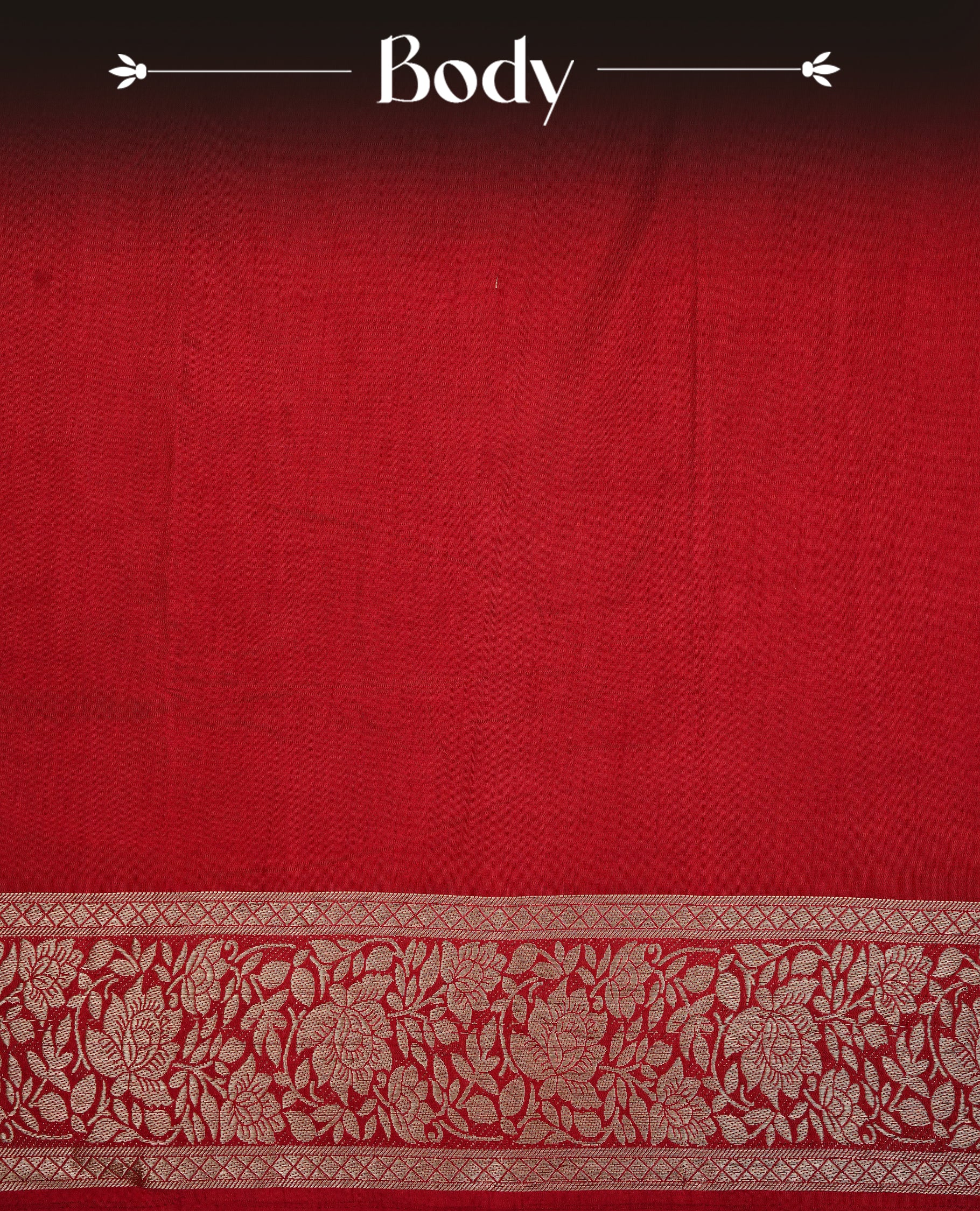 Red colour semi Tussar silk saree featuring an elegant plain body, complemented by a self colour border adorned with traditional gold zari floral kodi patterns. Comes paired with a matching blouse piece.