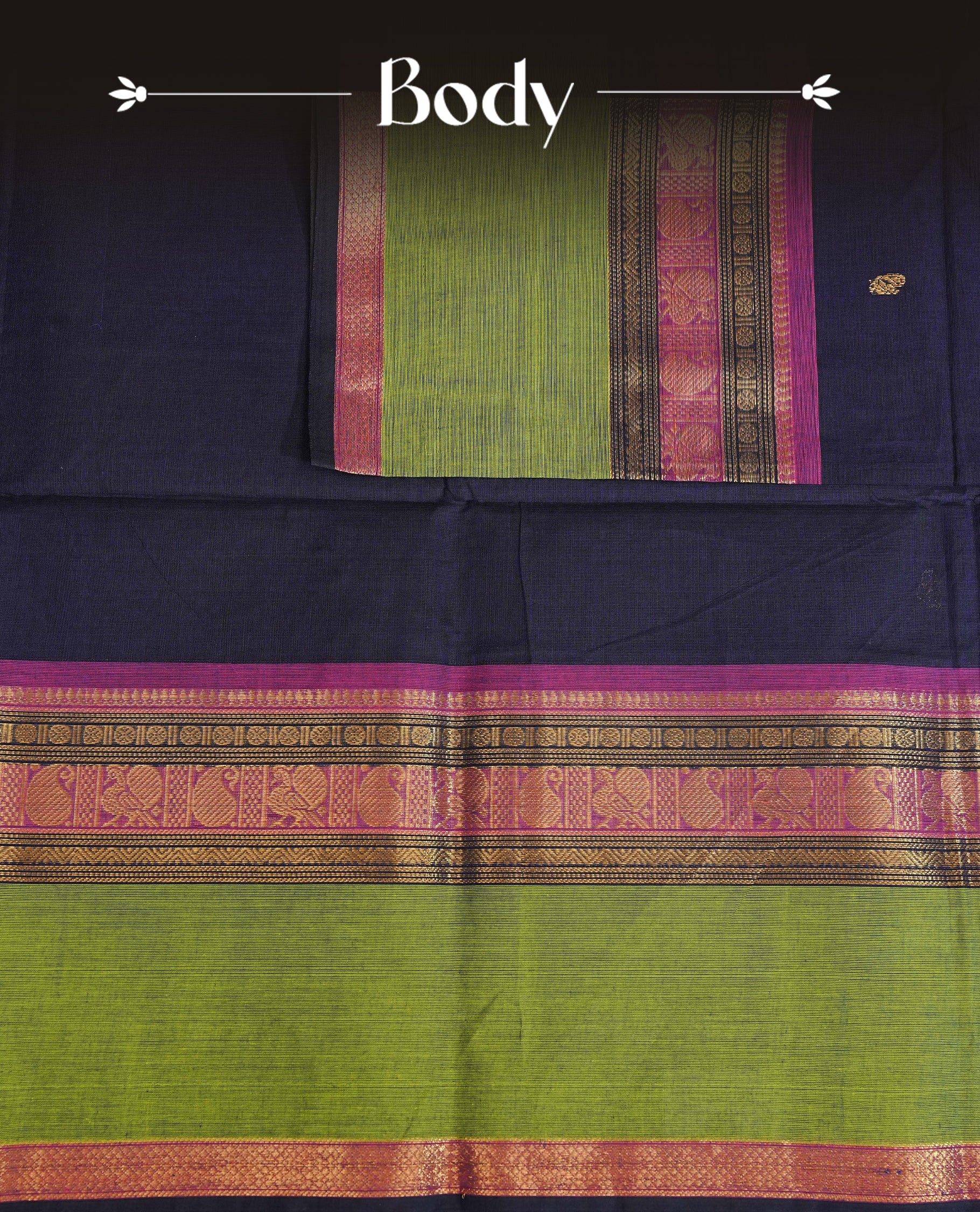 Navy blue colour chettinad cotton saree featuring gold zari motifs on body, complemented by contrast green & magenta with gold zari border, comes with matching blouse piece.