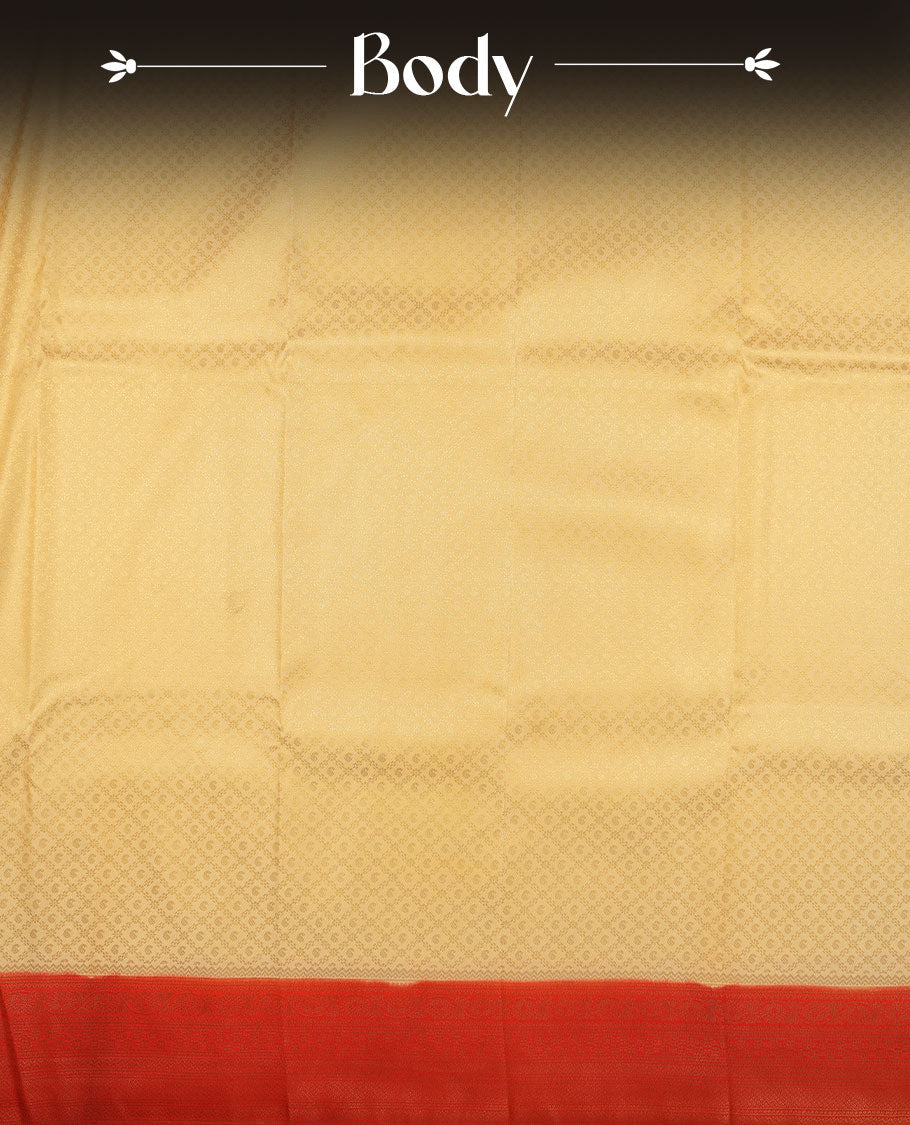 Cream colour semi silk brocade saree featuring intricate Gold Floral in square kodi patterns across the body, complemented by a contrast Red colour woven border and pallu, paired with a matching blouse.