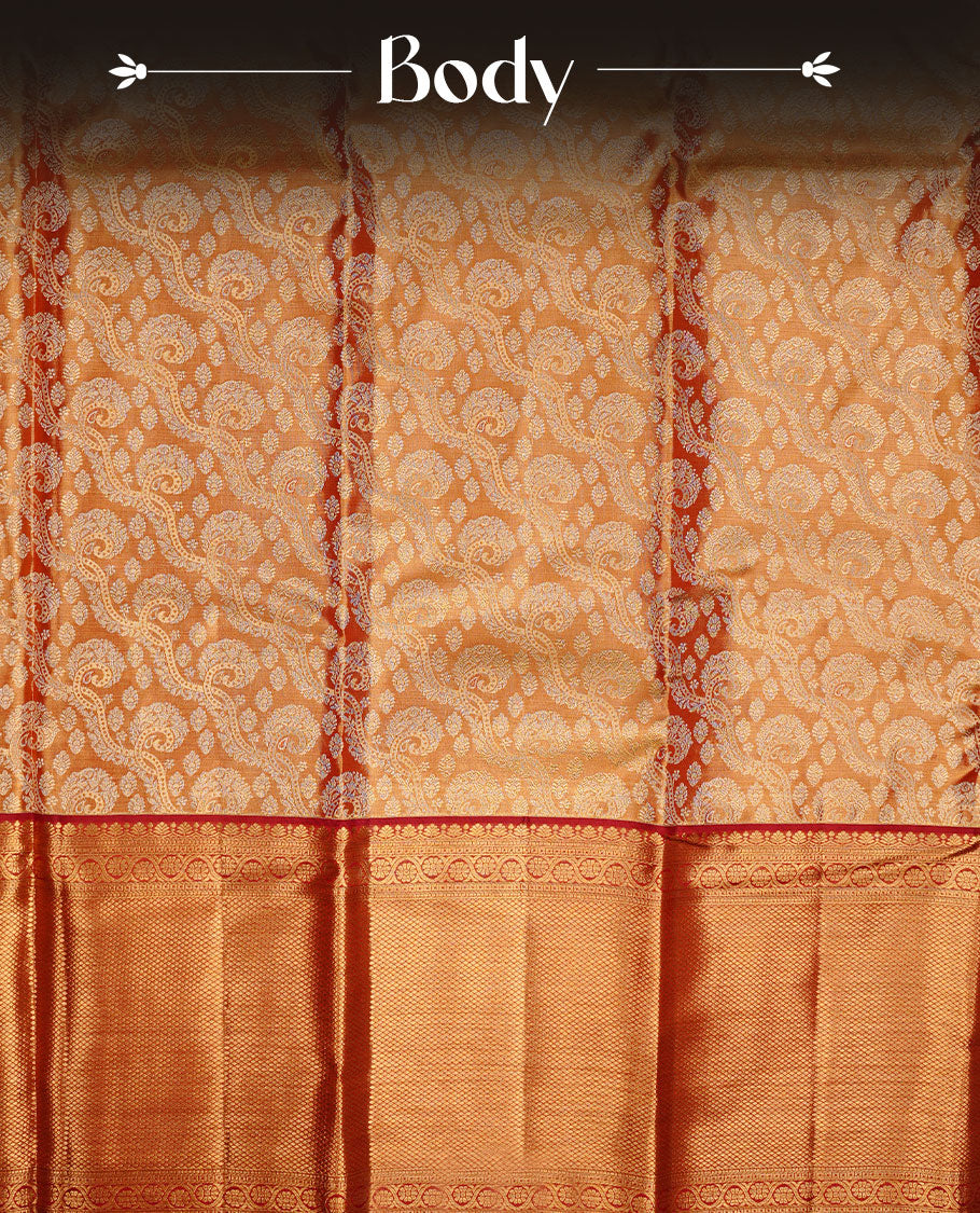Gold & Maroon double shade colour kancheepuram tissue silk saree featuring gold zari floral kodi pattern on body, complemented by contrast maroon colour with traditional border, paired with matching blouse piece.