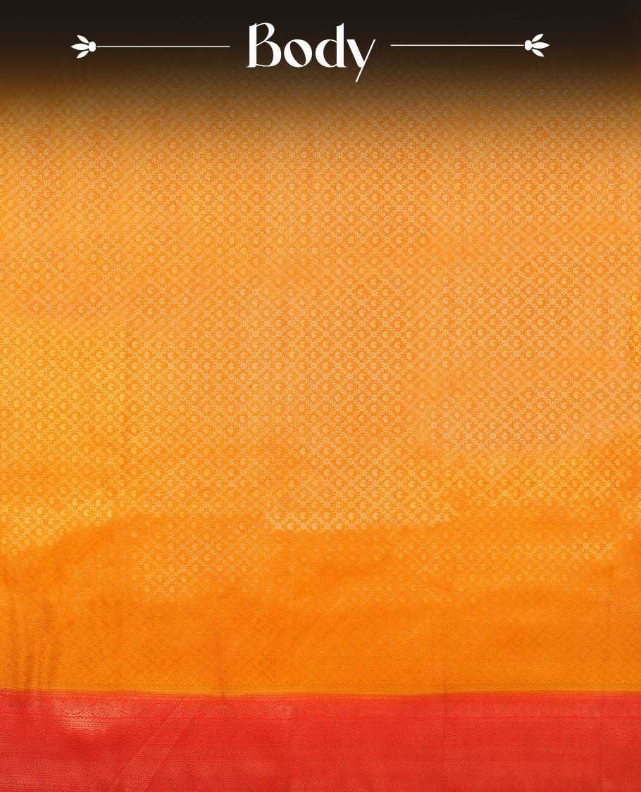 Orange colour semi silk brocade saree featuring intricate Gold Floral Square kodi patterns across the body, complemented by a contrast red colour woven border and pallu, paired with a matching blouse.