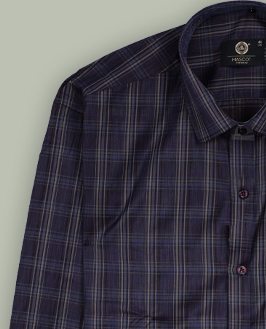 Dark navy blue colour checkered shirt with subtle beige and grey lines, Features full sleeves, buttoned cuffs, and a smart casual look.