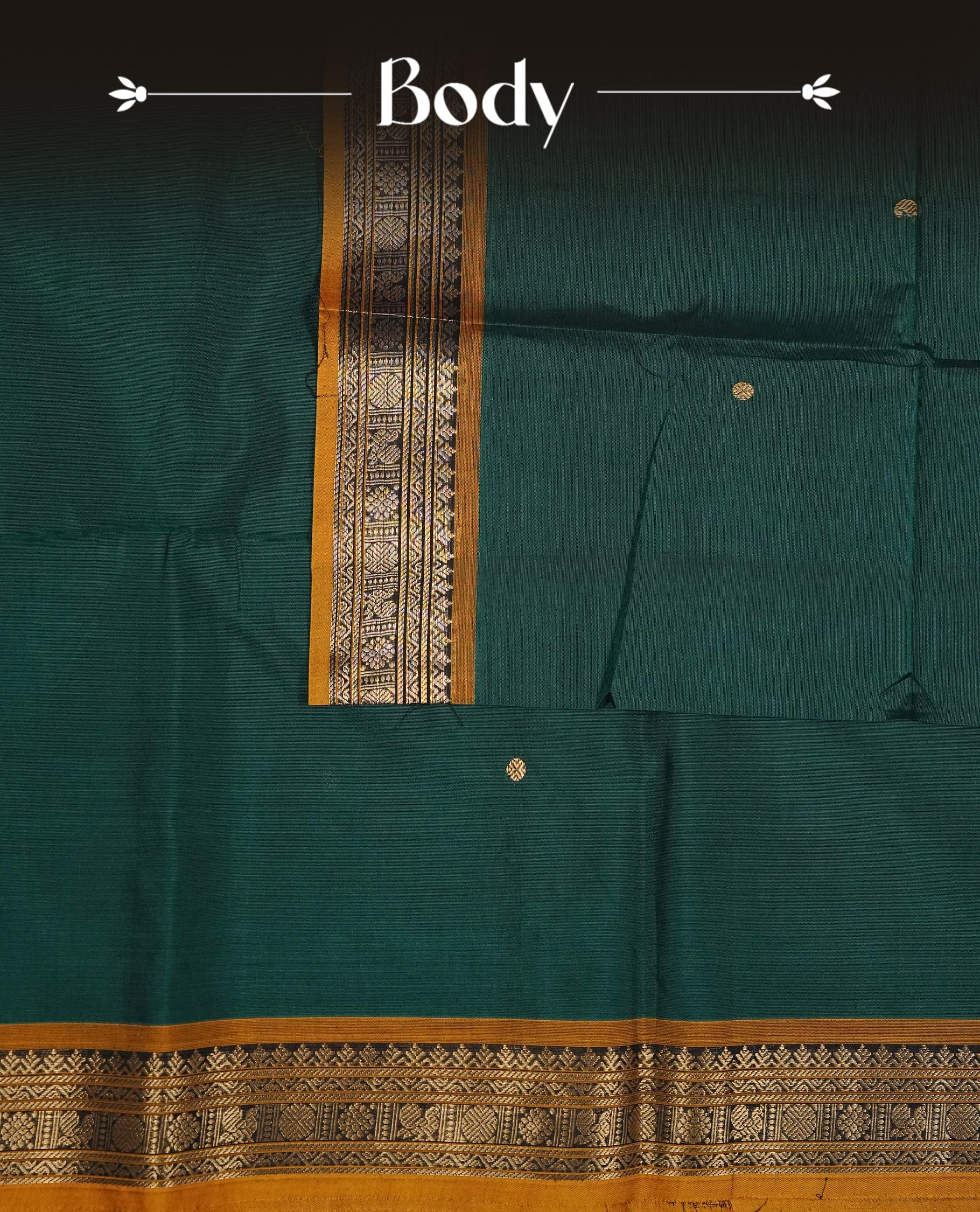 Green colour chettinad cotton saree featuring Gold zari motifs on body, complemented by contrast mustard yellow colour with Gold zari border, comes with matching blouse piece.