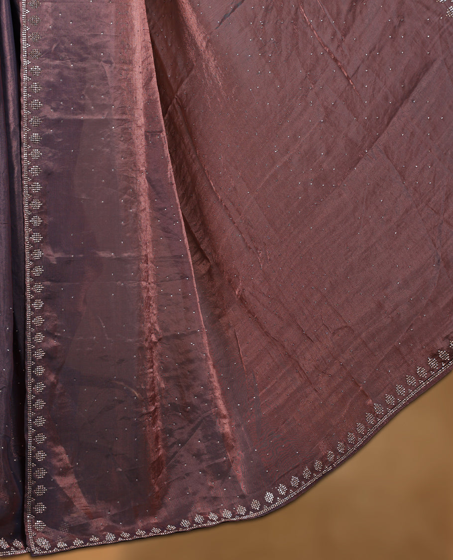 Pink and gray double shade colour chiffon designer saree, featuring white stone all over on body, heavy stone patttern on border and pallu, Paired with matching blouse.