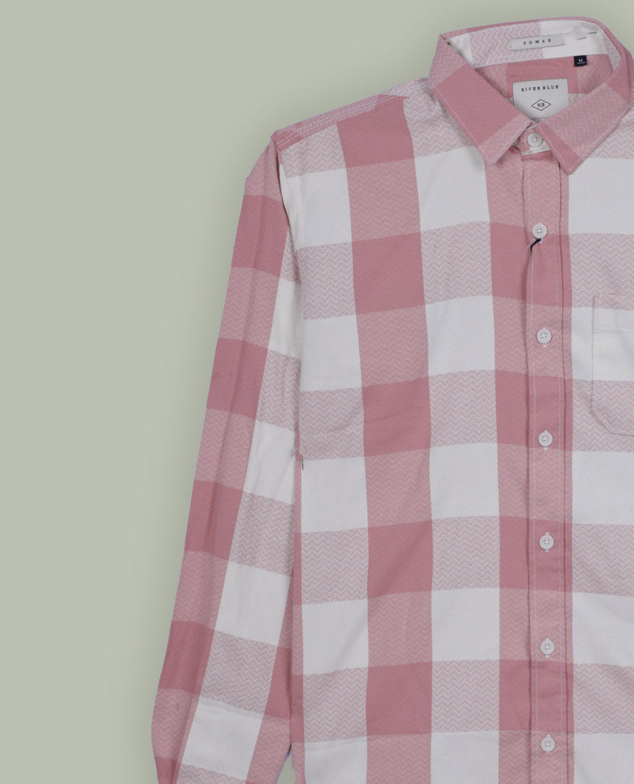 Light pink and white checked shirt crafted in soft fabric, featuring a classic collar and full sleeves, A perfect blend of charm and comfort, ideal for both casual outings and semi-formal occasions.