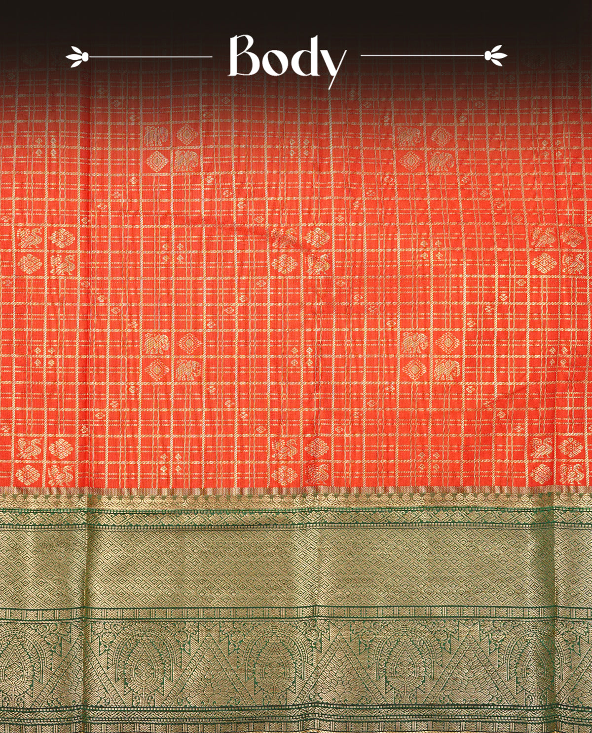 Rust orange colour semi wedding saree featuring gold zari check with peacocok motifs on body complemented by contrast green colour with traditional border, comes with macthing blouse piece.