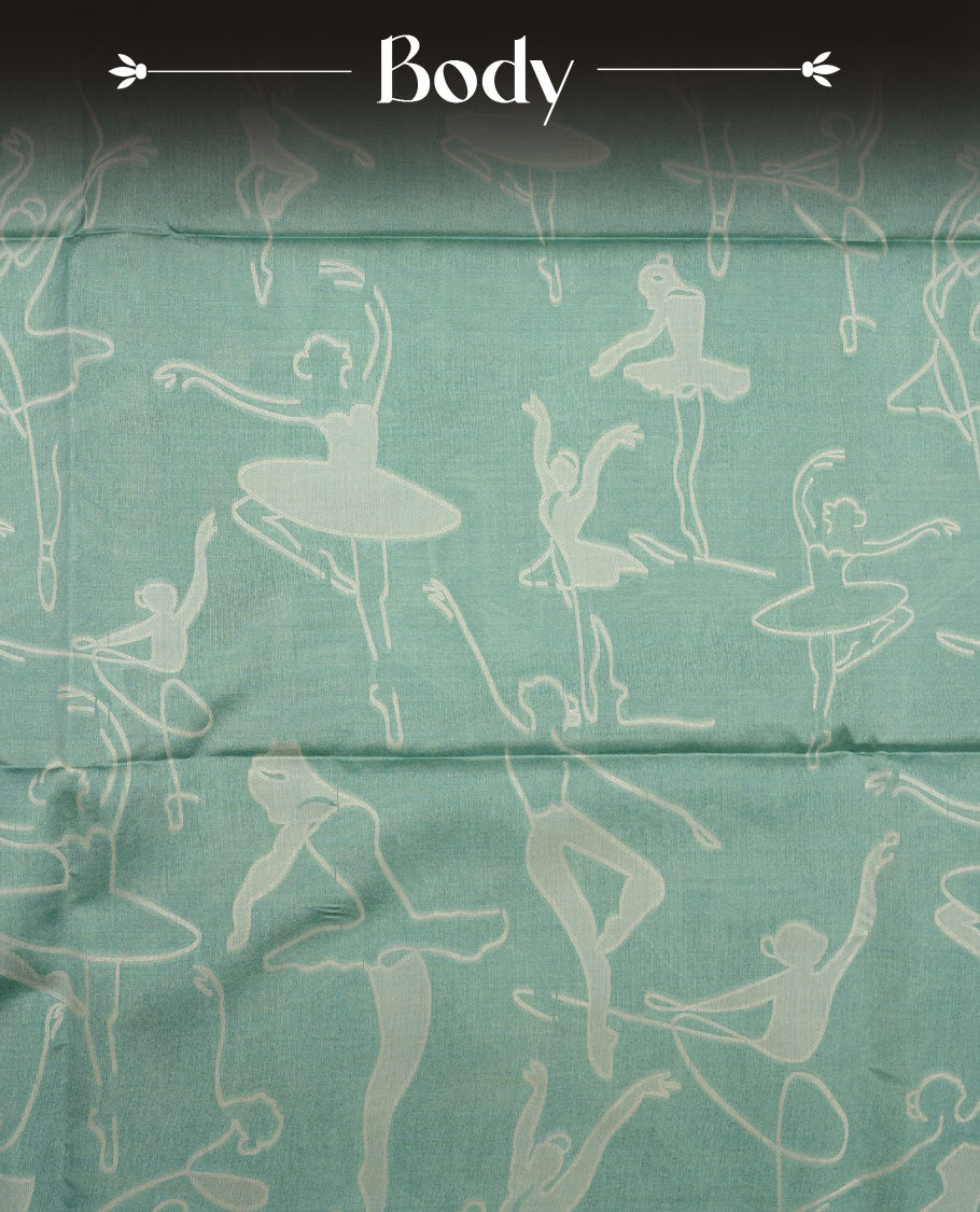 Pastel green colour semi tussar silk saree, featuring an intricate white dancing women motif on the body and pallu with gold zari , comes with matching blouse.
