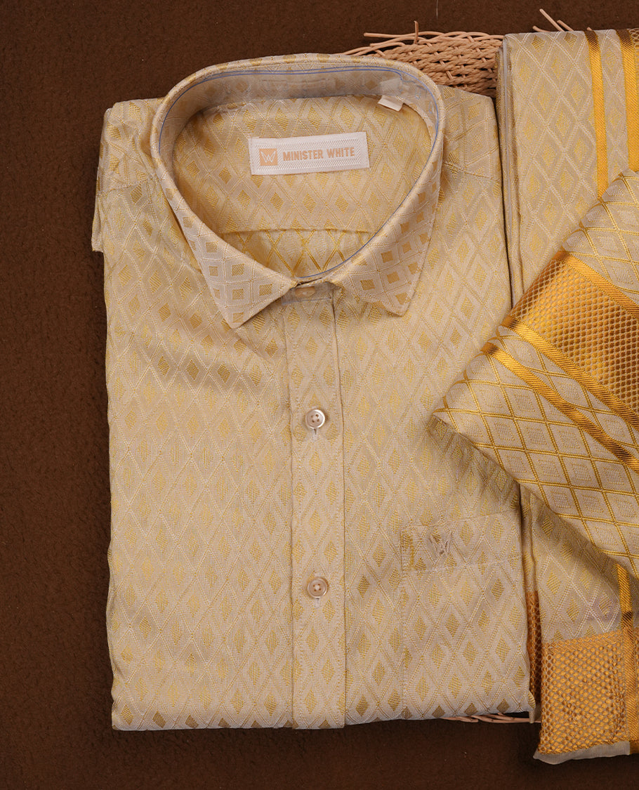 Fawn Gold colour MINISTER WHITE shirt paired with a matching dhoti, finishing with a Gold border
