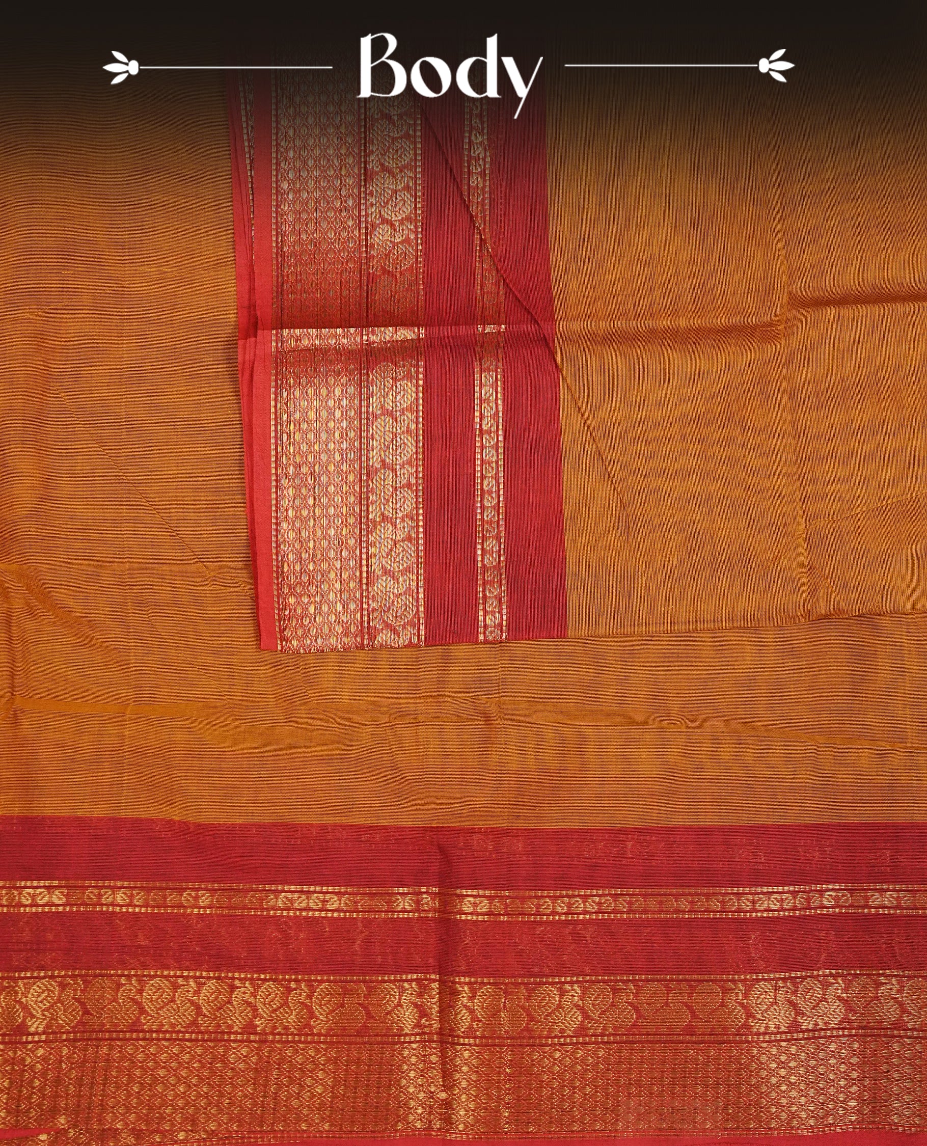 Mustard Yellow Colour Chettinad Cotton Saree Featuring a Plain Body, Complemented by a Red Colour Border with Gold Zari and a Contrast Striped Pallu, Paired with a Matching Blouse Piece.