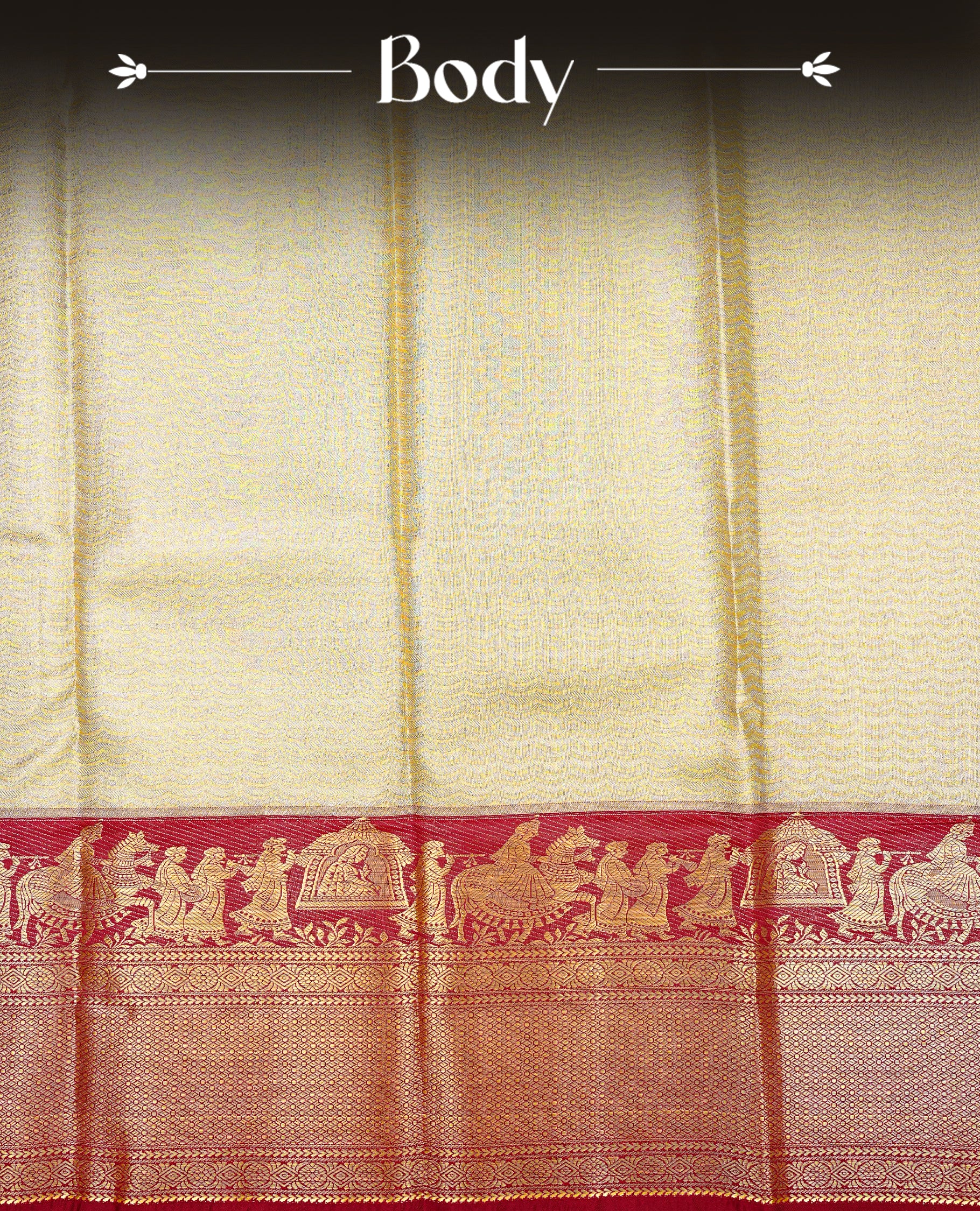 Gold colour Semi Tissue silk saree featuring silver zari pattern on body, complemented by traditional border with contrast Maroon colour, paired with matching blouse piece.