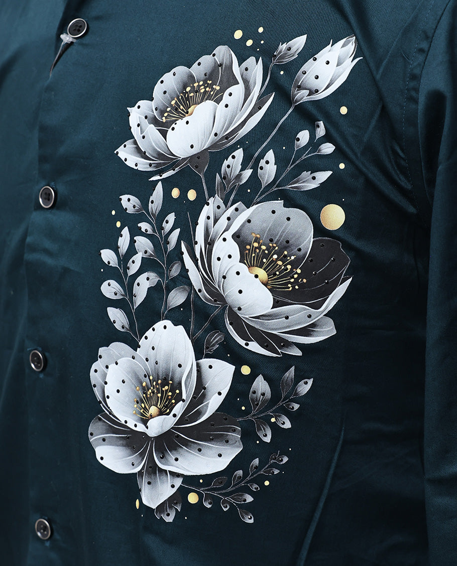 Dark green colour shirt with Floral patterned body, Full sleeve.