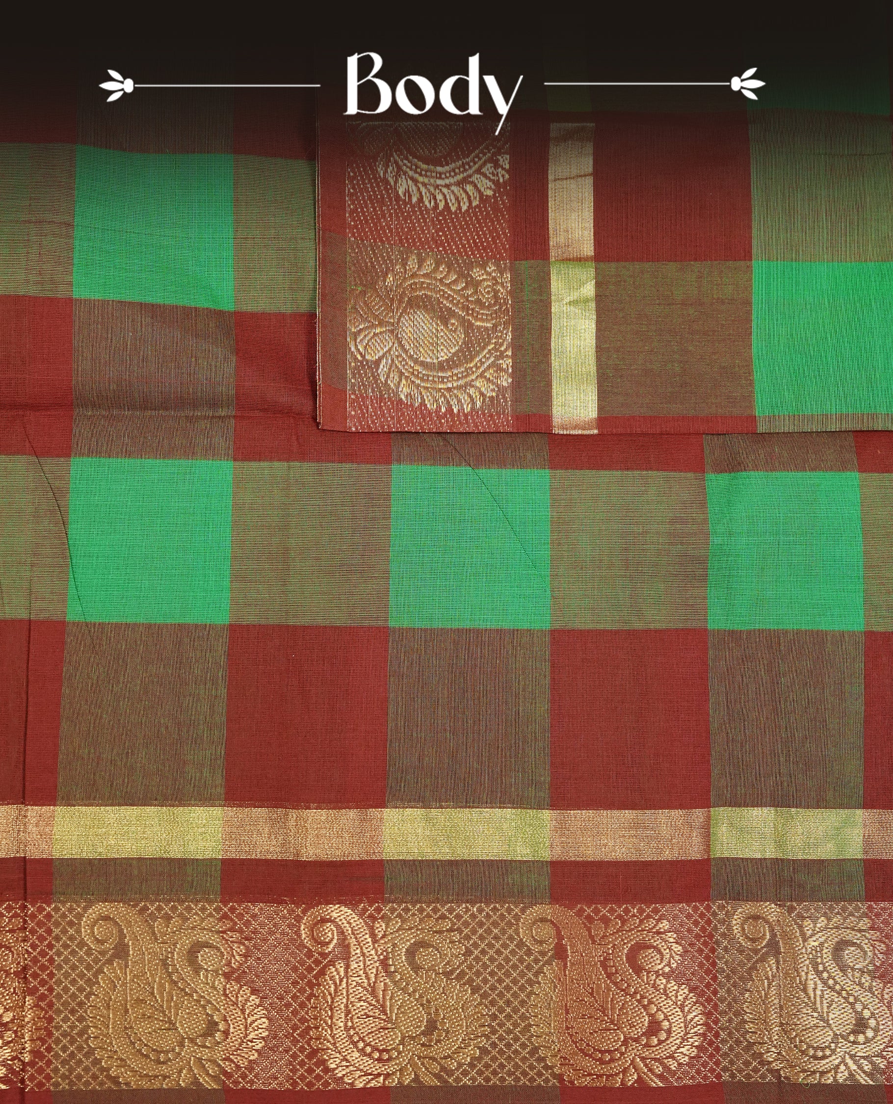 Maroon & green colour chettinad cotton saree featuring check pattern on body, complemented by Self Colour with gold zari border, comes with matching blouse piece.