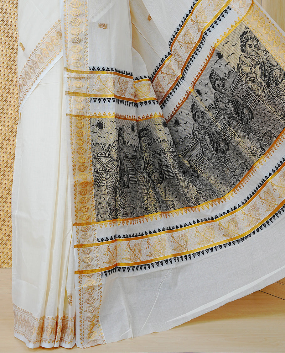 Cream Colour Cotton Kerala Saree Featuring Gold Buttas on the Body, a Classy Gold Zari Border, and a Traditional Black Colour Lord Krishna Thread work and Gold Zari Pallu, Paired with a Matching Blouse Piece.