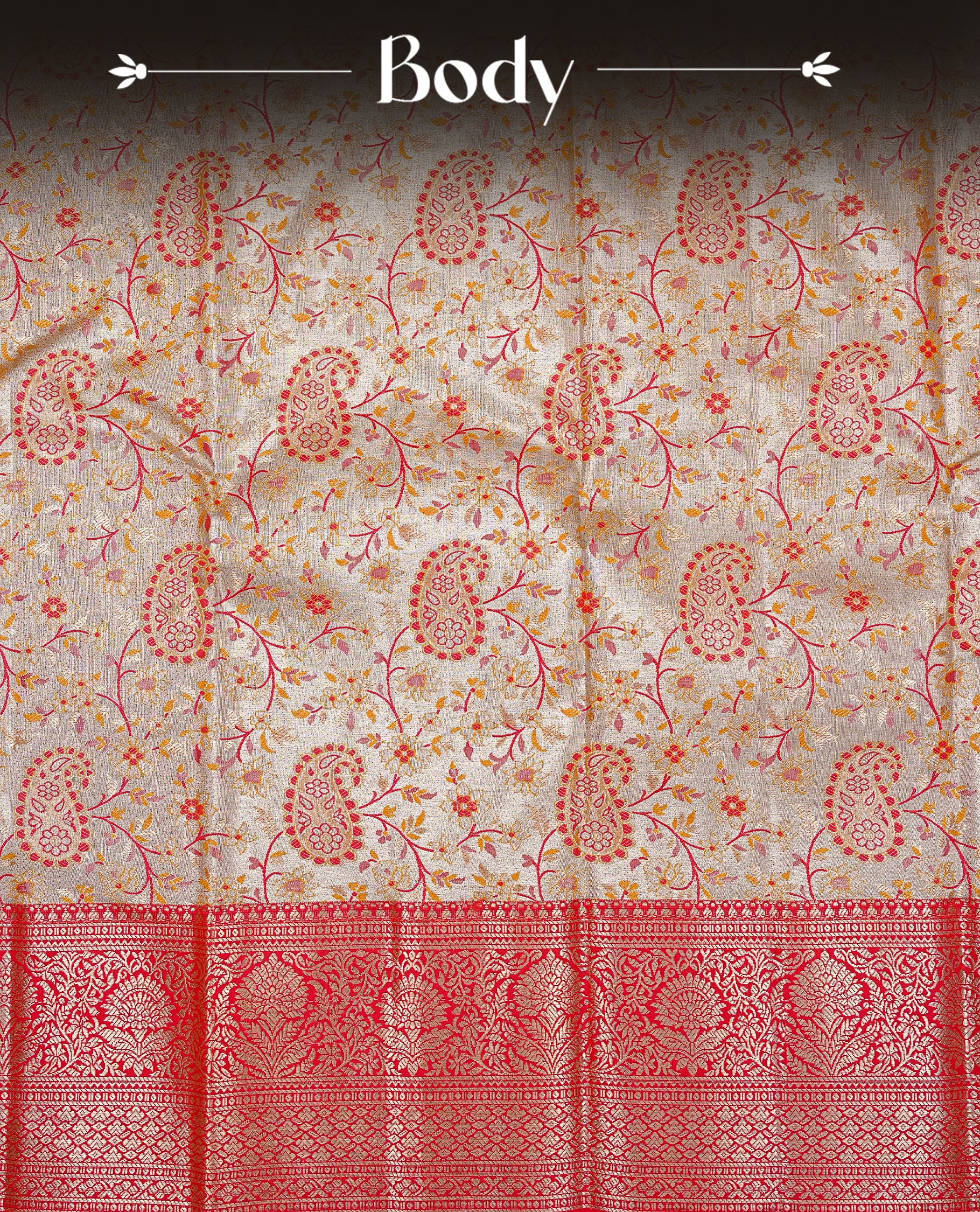 Light gold colour Semi tissue silk saree featuring Gold & Red zari kodi pattern on body, Contrast Red colour with traditional border, paired with matching.