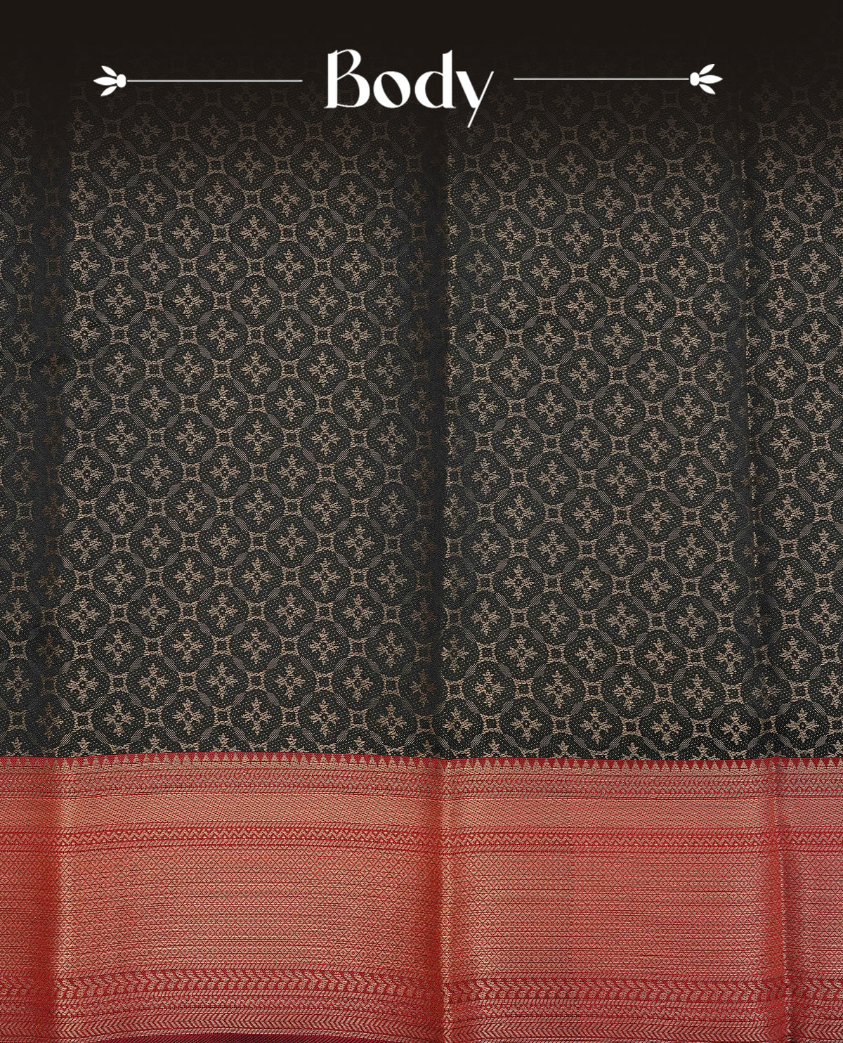 Black colour semi silk saree featuring gold zari circle patterns on body, contrast maroon colour with traditional border on body, grand pallu comes with matching blouse piece