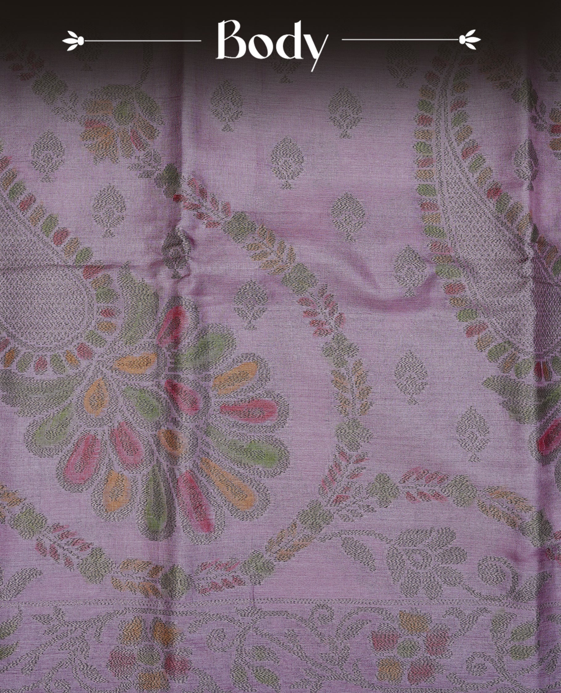 Pastel purple colour pure tussar silk saree featuring elegant antique zari kodi patterns across the body, designed with a graceful borderless finish for a refined look. Paired with a matching blouse piece.