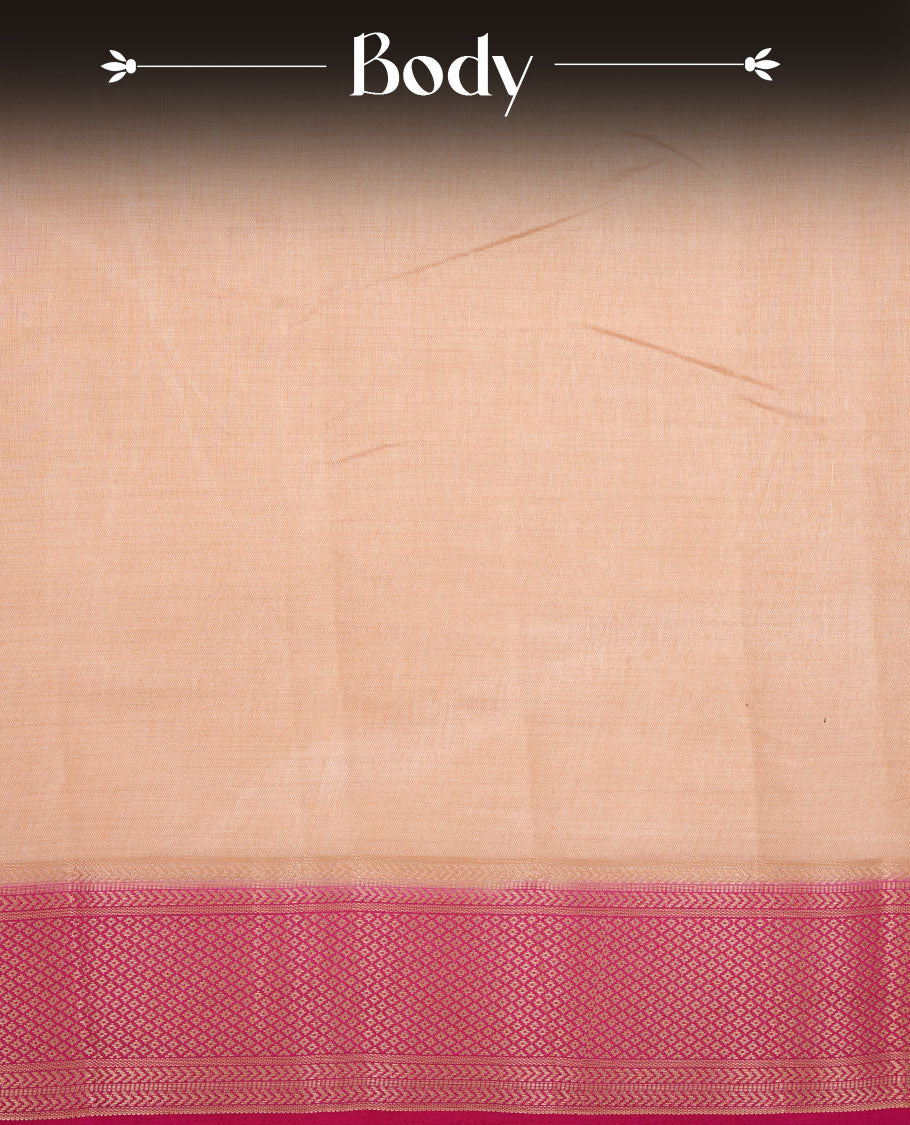 Cream colour tussar silk saree featuring elegant plain body, contrast meganta colour border with gold zari, comes with matching blouse piece.