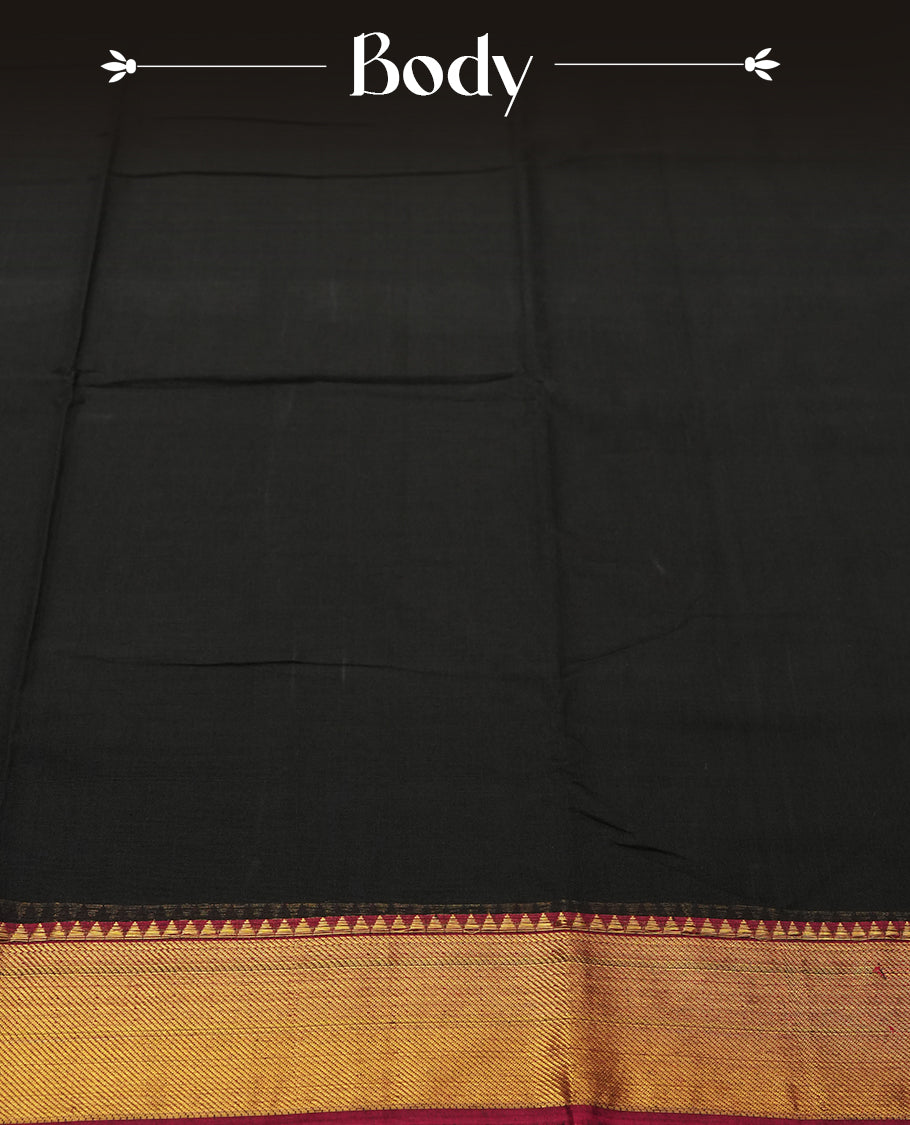 Black colour Narayanapattu cotton saree featuring a self coloured body, maroon coloured with gold zari pattern border and gold striped colour pallu, pairing a matching blouse piece.