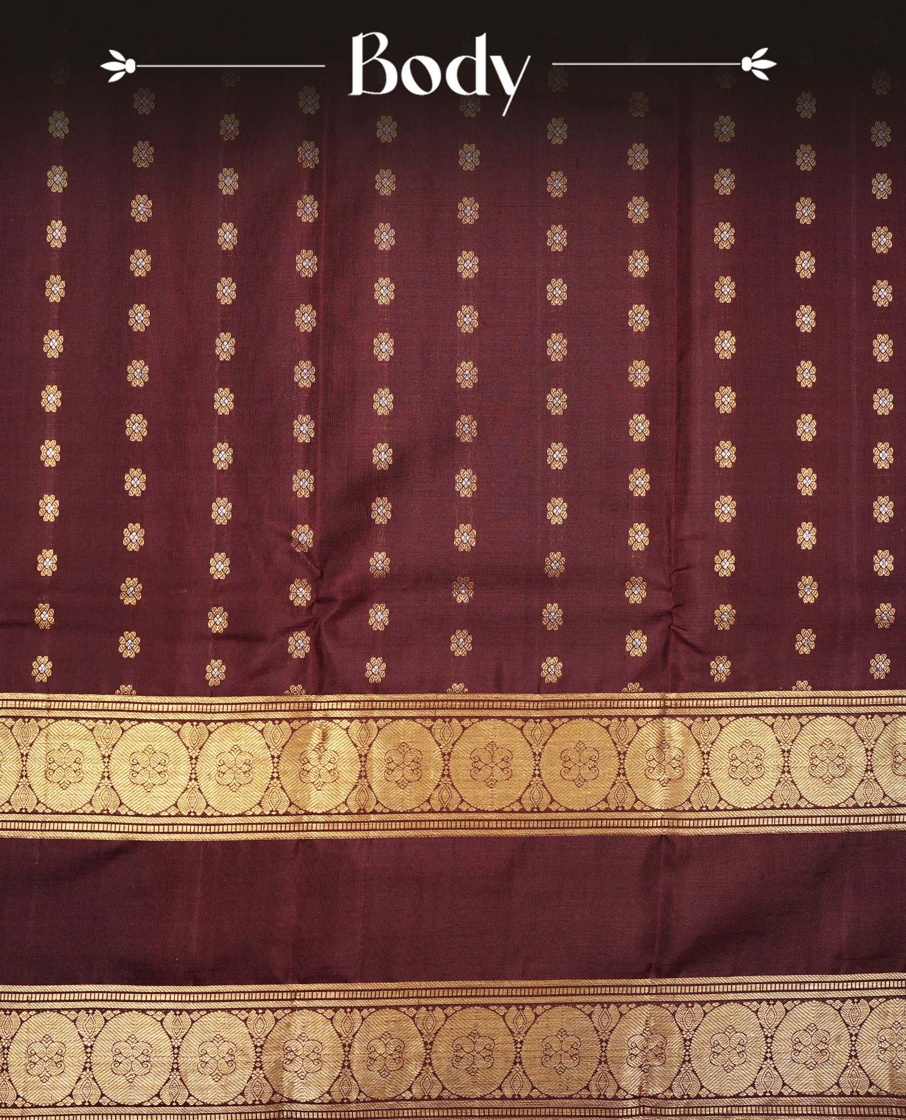 Chocolate colour Kancheepuram silk saree featuring Gold & silver Floral Pattern onbody, Highlighting Gold Zari border with Orange piping, paired with matching blouse piece.
