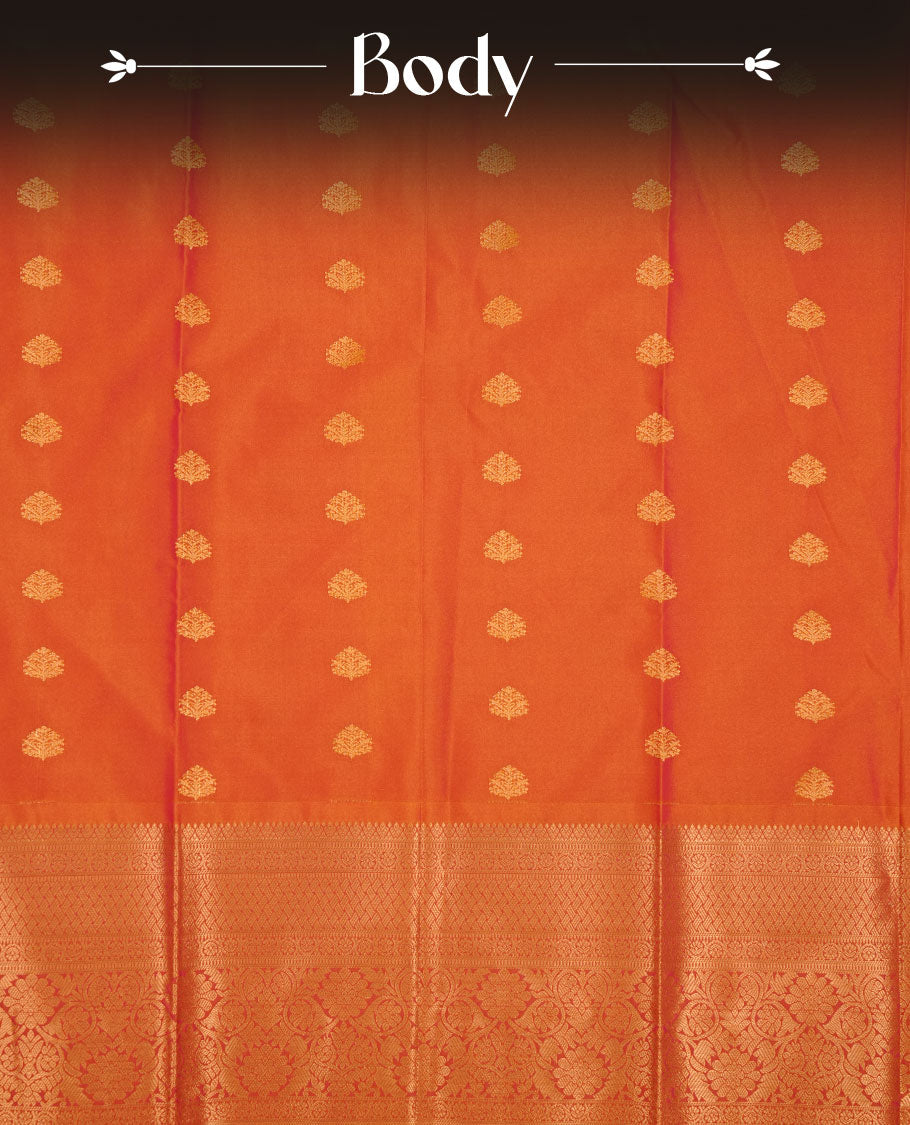 Orange colour soft silk saree featuring Gold zari motifs on body, complemented by self colour with traditional border, paired with matching blouse piece.