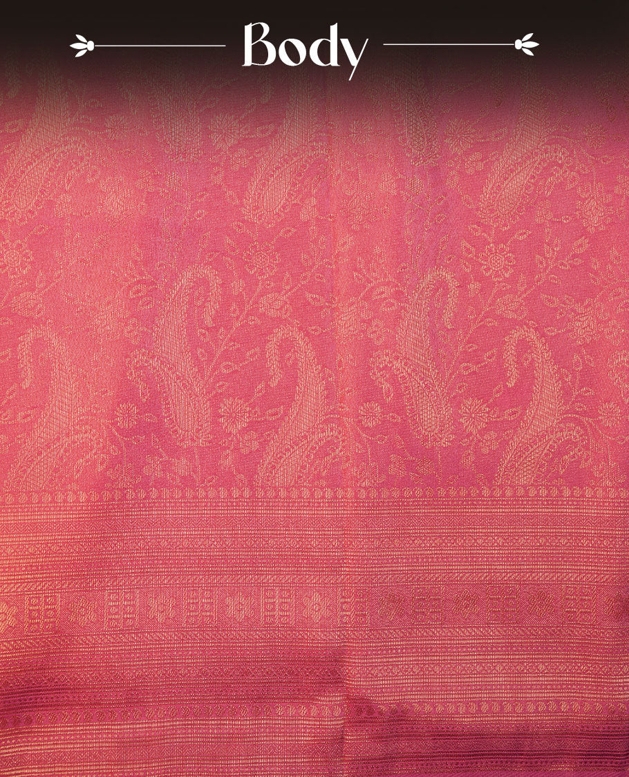 Peachish Pink colour semi soft silk brocade saree featuring delicate floral woven motifs across the body, finished with an intricately detailed traditional pallu and a matching blouse.