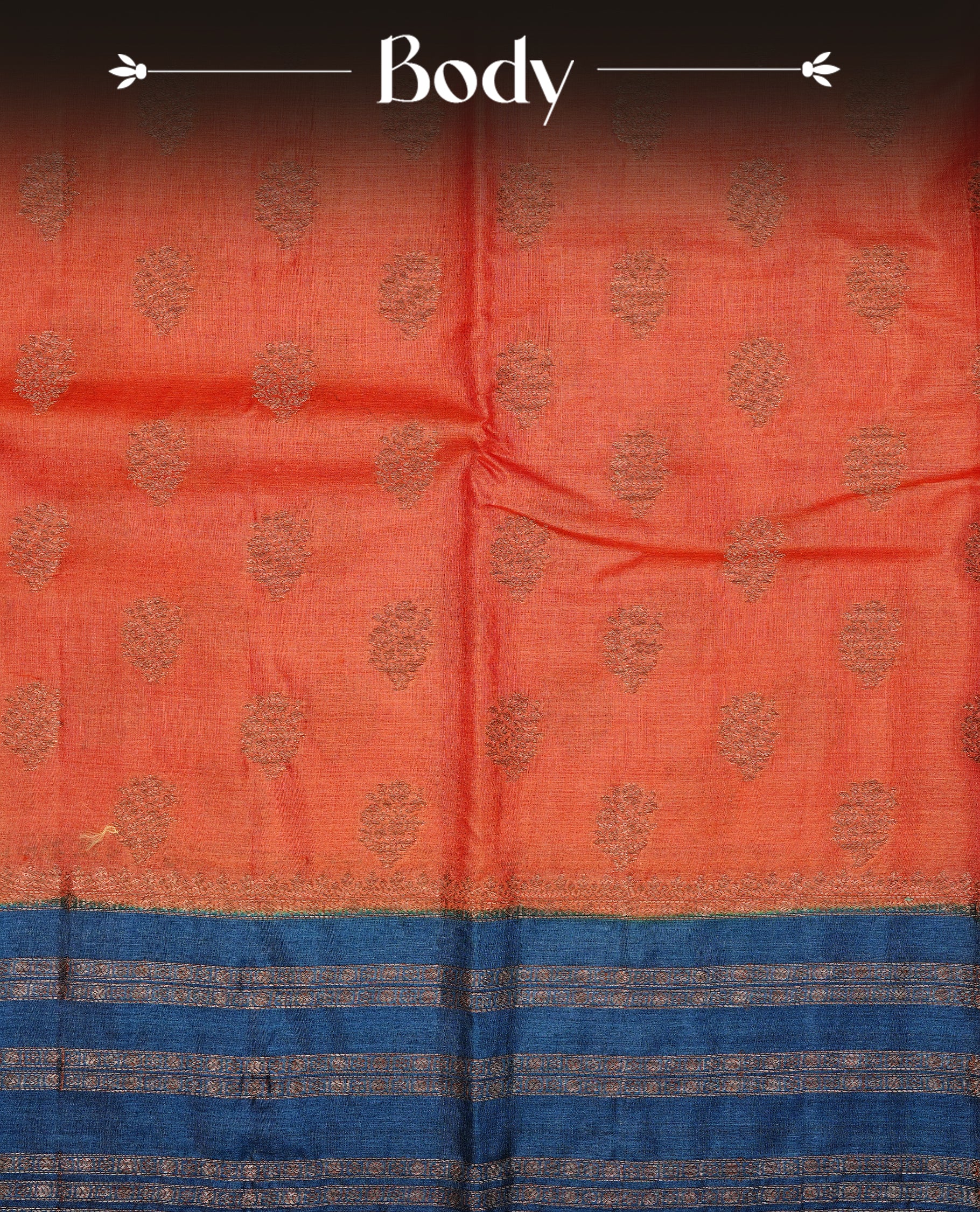 Rust orange colour pure tussar Banaras silk saree featuring elegant gold zari motifs across the body, complemented by a contrast teal border with rich zari detailing. Comes with a matching blouse piece