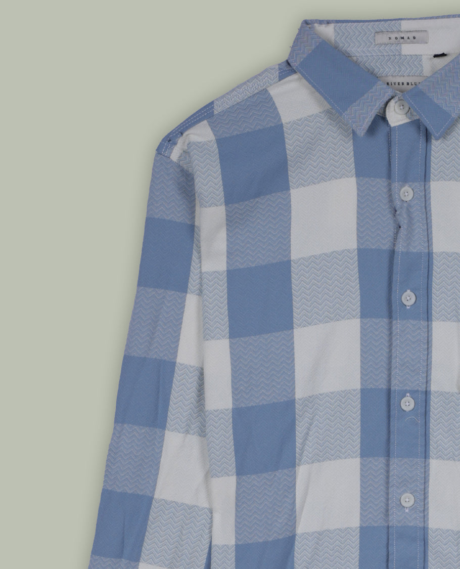 Blue and white checked cotton shirt crafted for all day comfort, Designed with a classic collar and full sleeves, this timeless piece offers a crisp and casual look, perfect for both work and weekend wear.