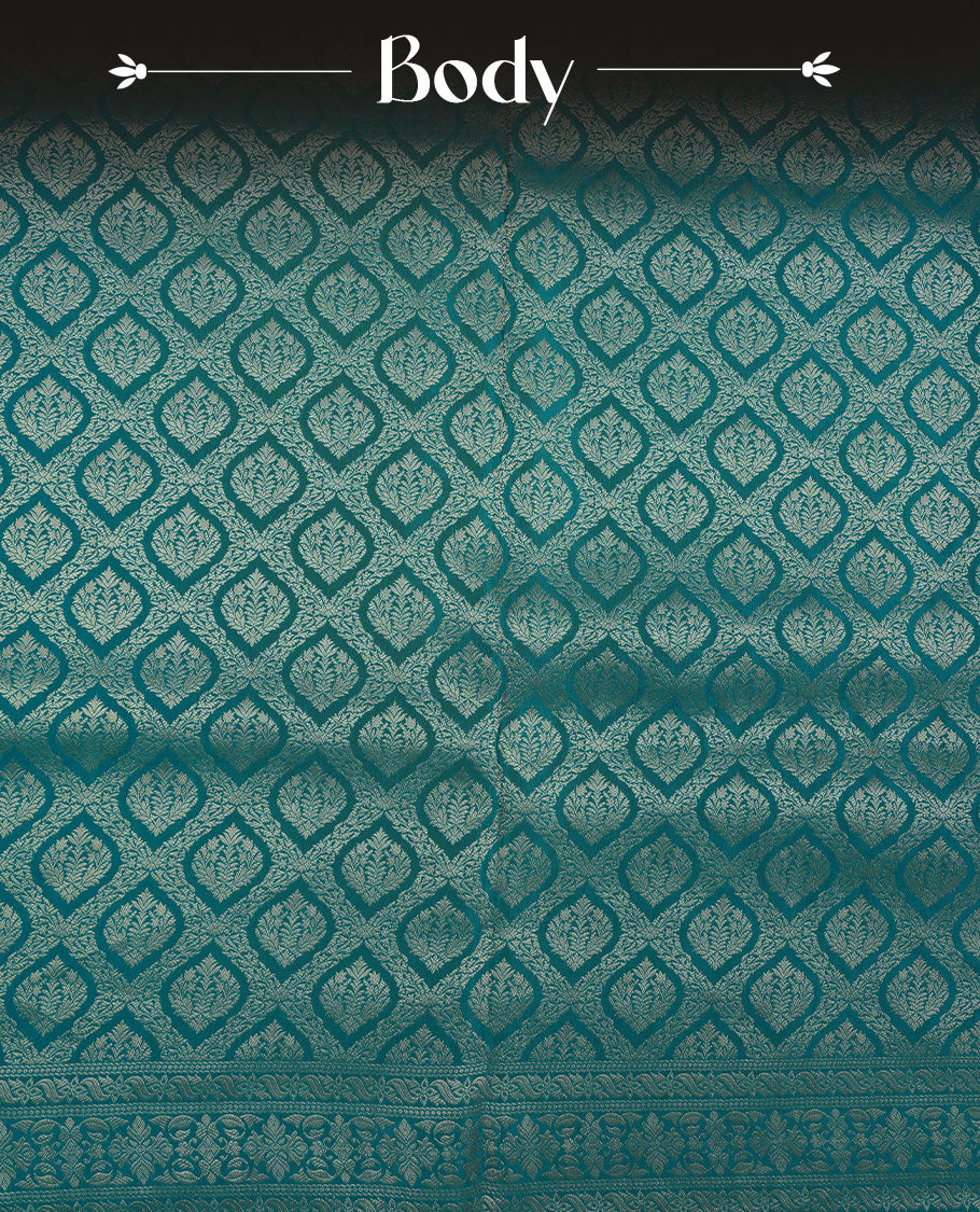 Aqua Blue colour banaras satin crepe saree featuring gold zari pattern across body, with self colour border with gold zari pattern and paired with matching blouse.