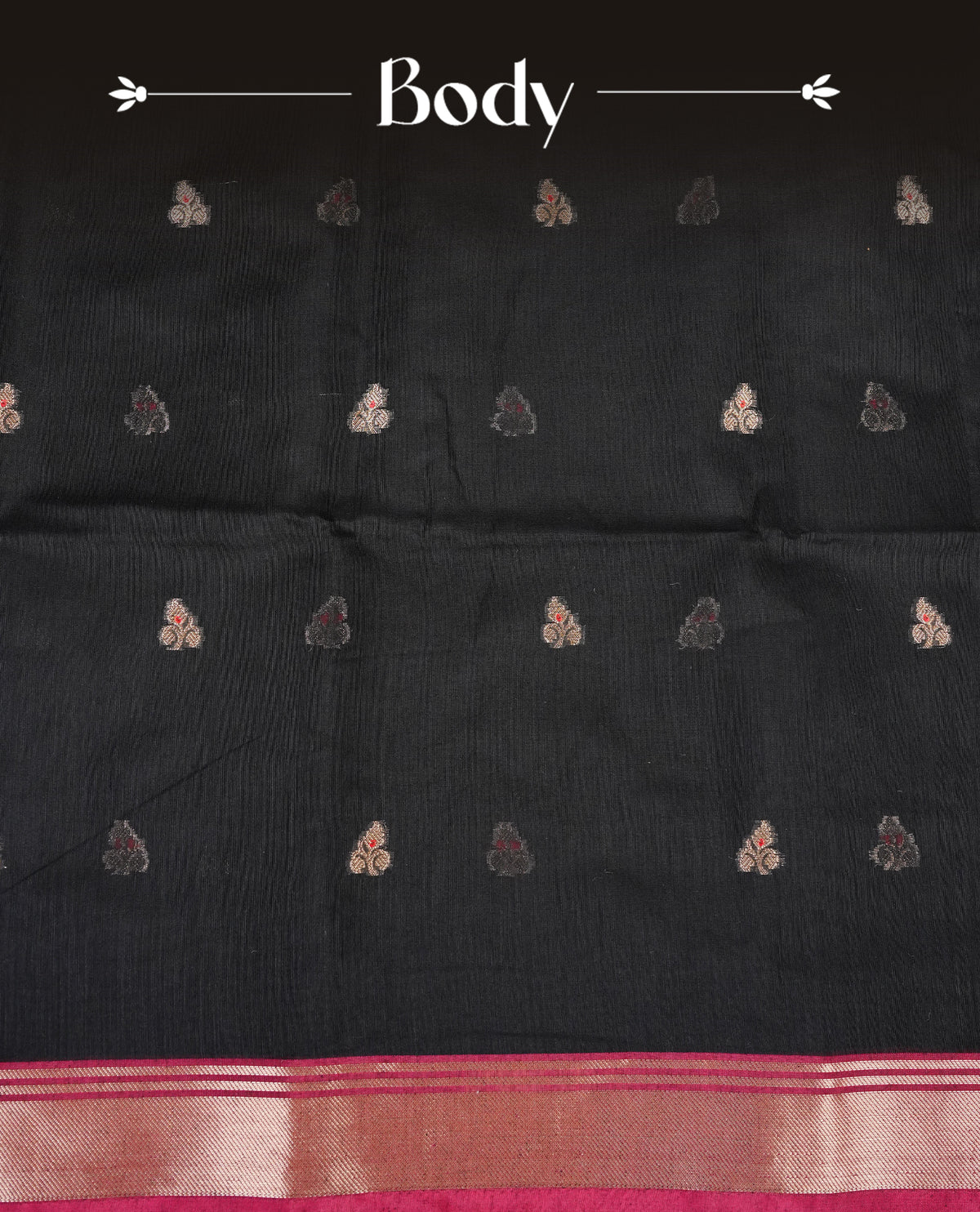 Black colour Maheshwari cotton saree, gold zari floral motifs on body, complement light pink colour gold zari border comes with matching blouse.
