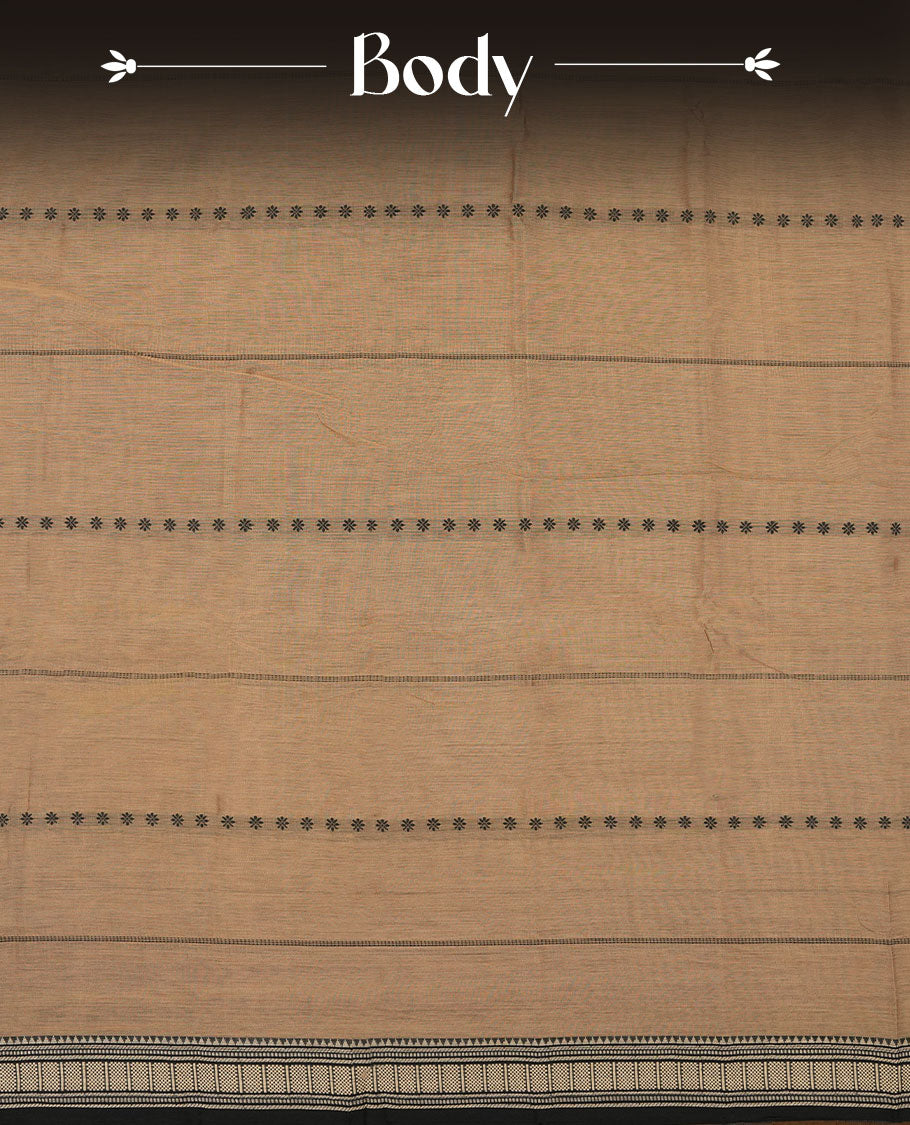 Sandstone colour Narayanapattu cotton saree featuring a Black colour stripped body, contrast Black colour with Cream zari border and pallu, pairing a matching blouse piece.