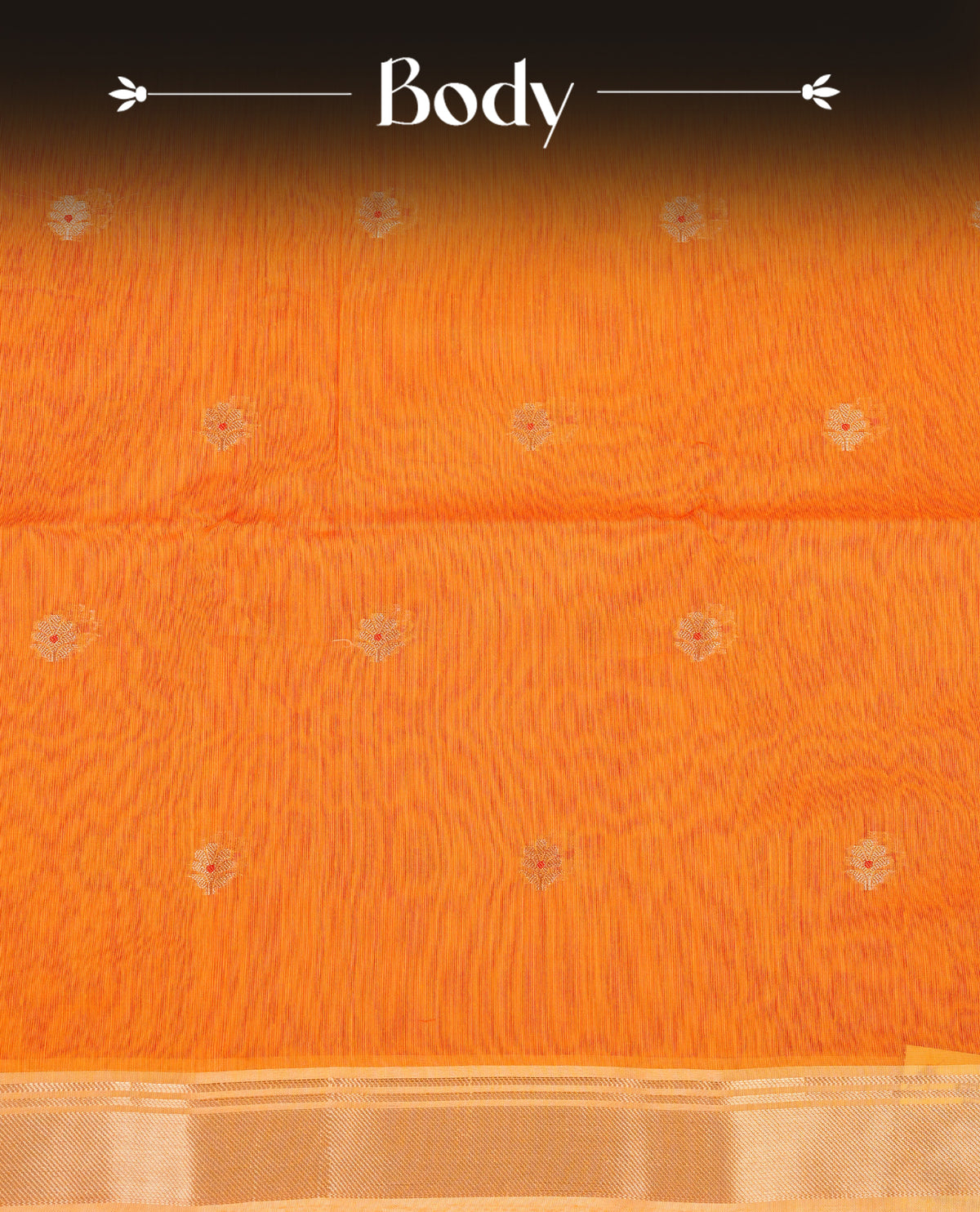 Orange colour Maheshwari cotton saree, gold zari floral motifs on body, complement light orange colour gold zari border comes with matching blouse.