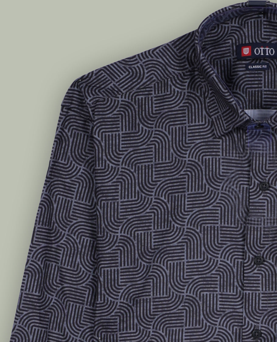 Grey colour shirt with a geometric pattern, featuring a classic spread collar and full sleeves, Made from premium fabric for comfort and durability.