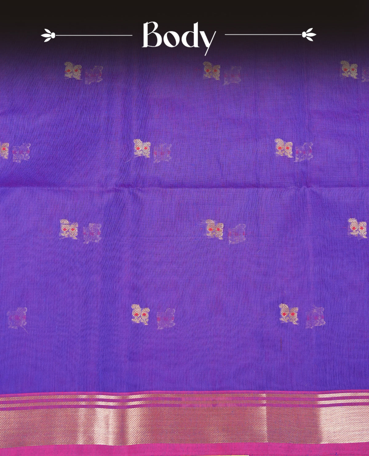 Rich purple colour Maheshwari cotton saree, gold zari floral motifs on body, complement magenta colour gold zari border comes with matching blouse.