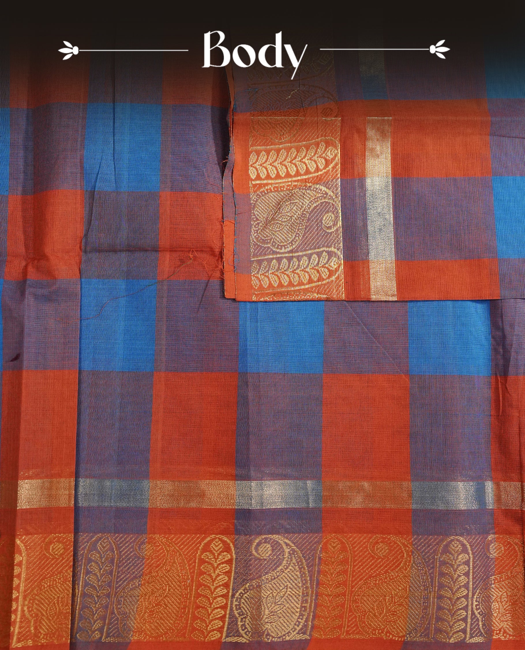 Rust orange & Blue colour chettinad cotton saree featuring check pattern on body, complemented by Self Colour with gold zari border, comes with matching blouse piece.