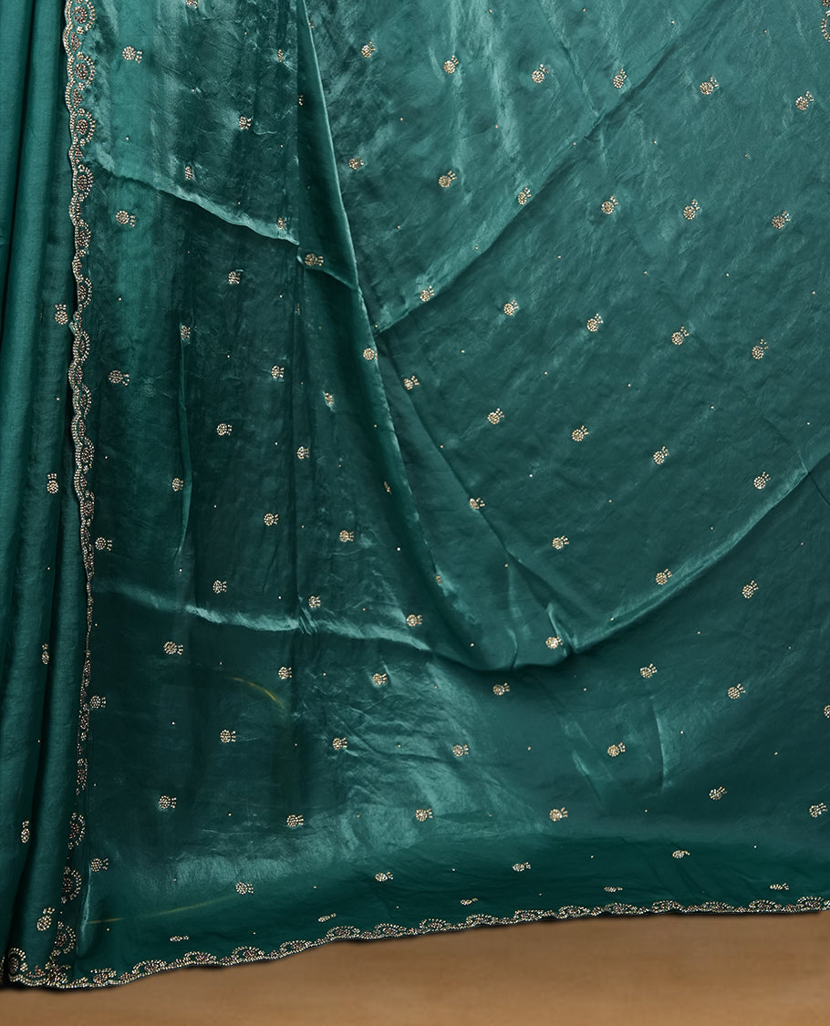 Mint Colour Chiffon Designer Saree featuring Delicate White Stone Work All Over the Body, with Stone Detailing on the Border and Pallu, paired with a Matching Blouse.
