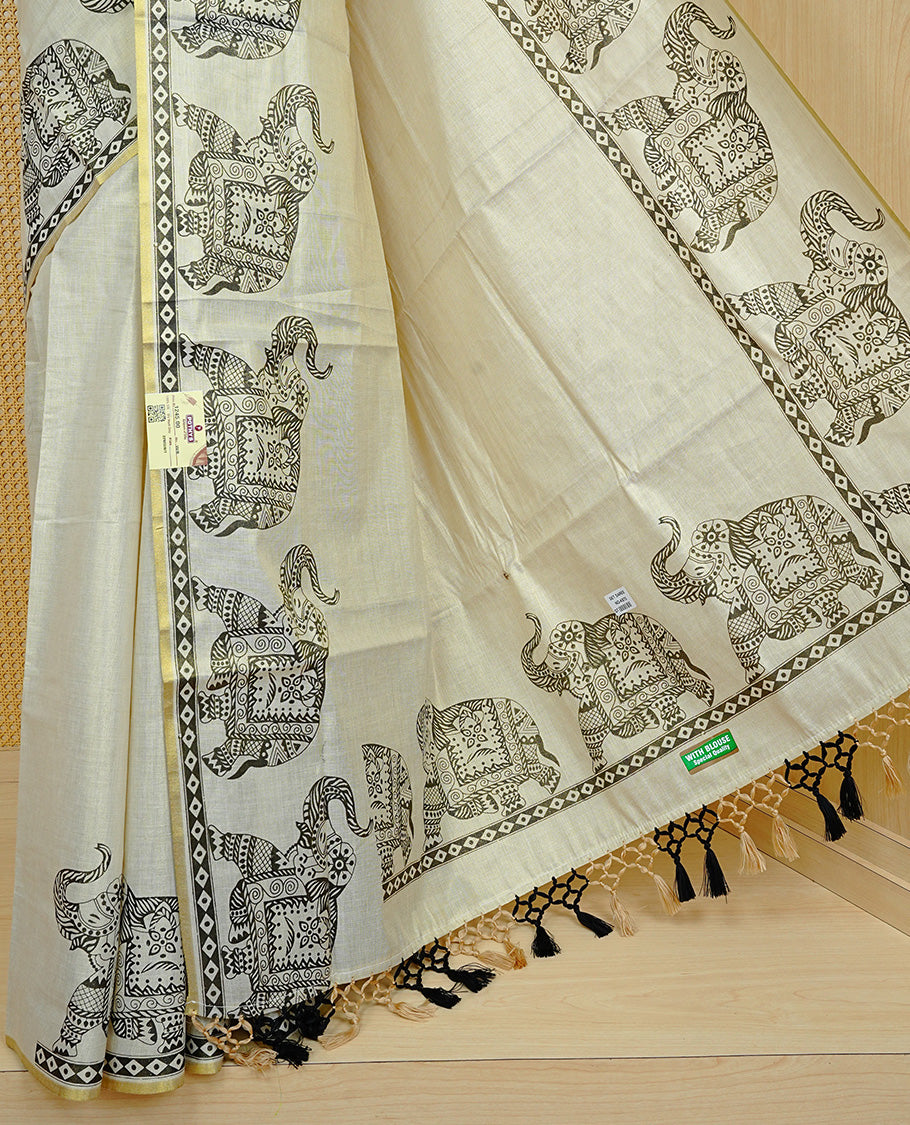 Cream colour Tissue kerala saree featuring Elegant plain body, complemented by Elephant print border, comes with matching blouse piece.