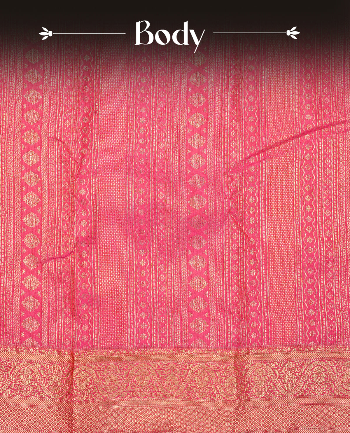 Magenta colour semi wedding saree featuring light gold zari woven strips pattern across the body, complemented by contrast self colour traditional border. Comes with a matching blouse piece.