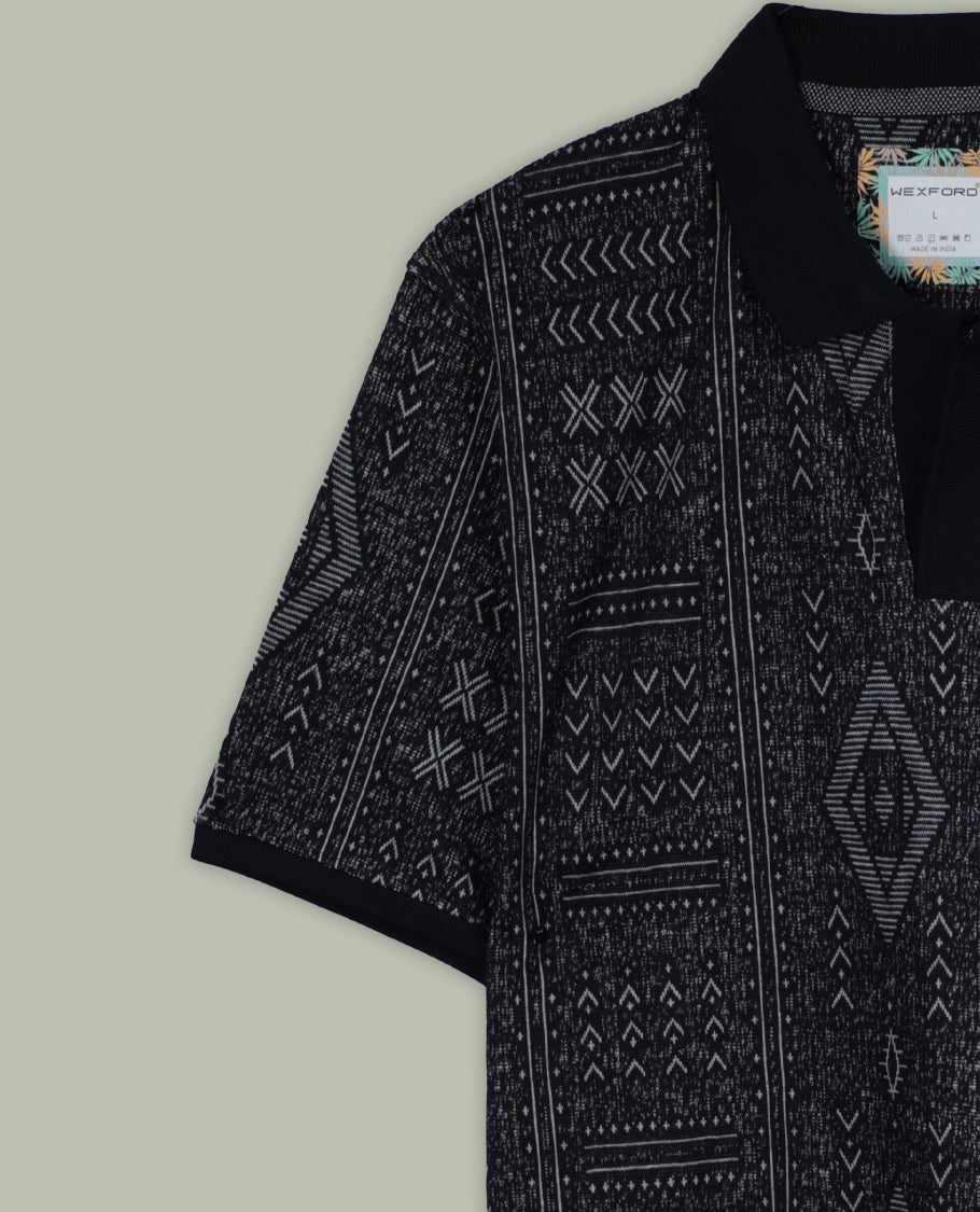 Black colour T shirt adorned with stylish geometric prints, featuring a smart shirt collar and comfortable short sleeves for a modern casual look.
