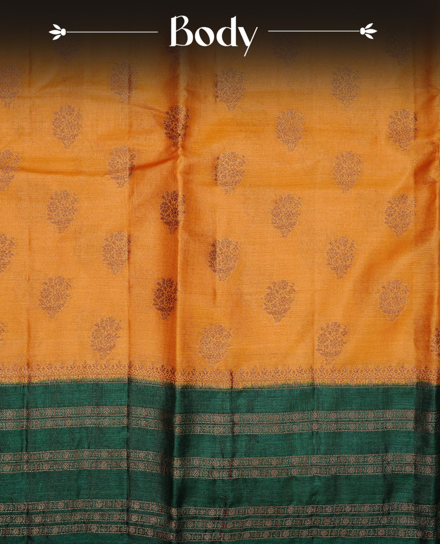 Mustard colour pure tussar banaras silk saree featuring gold zari motifs on body, highlighting contrast green colour with zari border, paired with matching blouse piece.