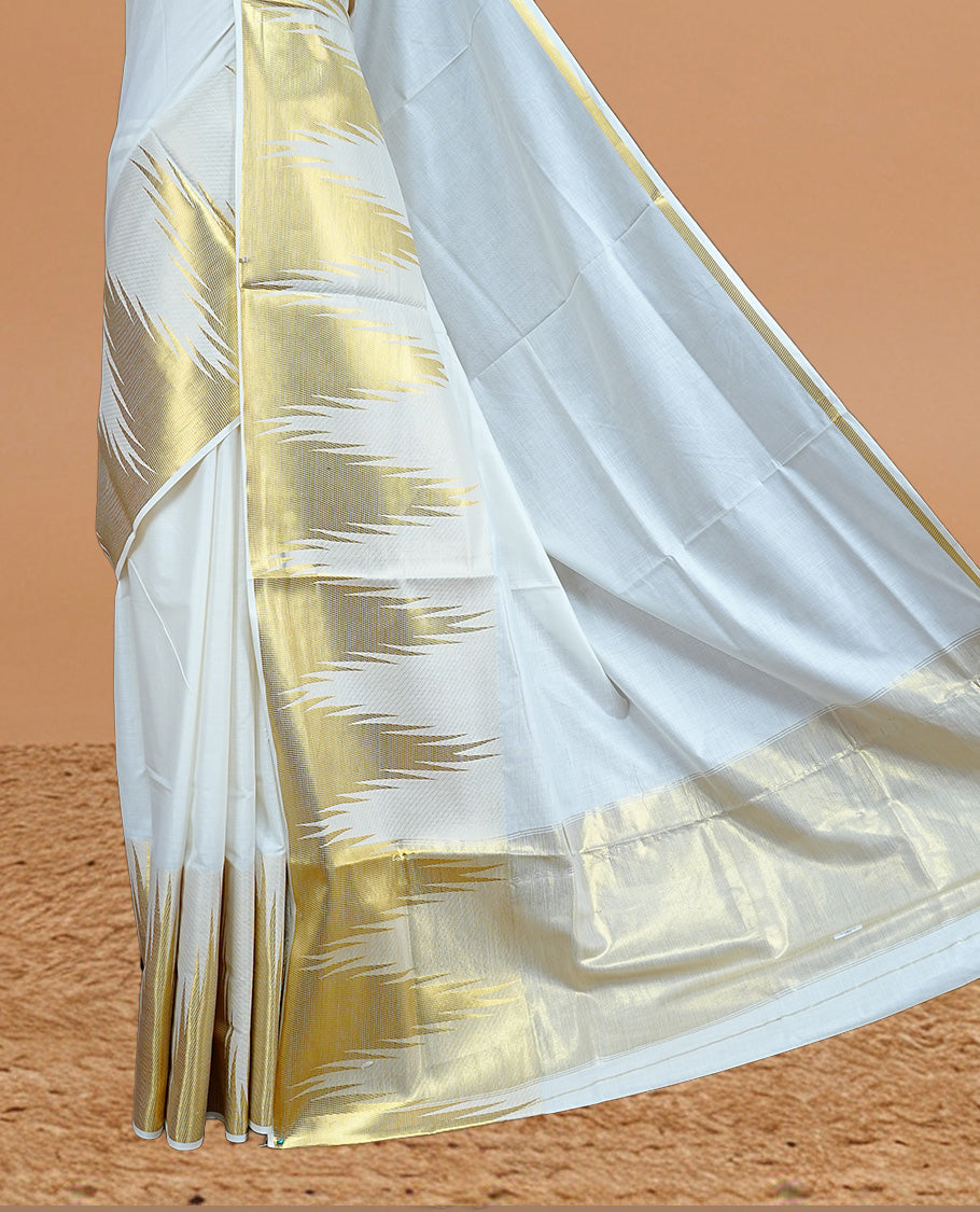 Cream Colour Cotton Kerala Saree Featuring Temple Pattern On The Body ,Paired With A Matching Blouse Piece.