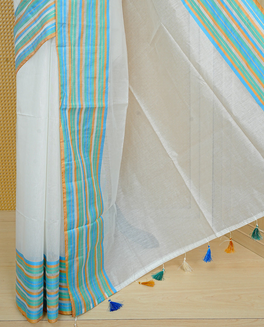 Off white colour semi linen saree featuring Elegant Plain body, complemented by contrast Blue, green Mustard colour with strip border, comes with matching blouse piece.