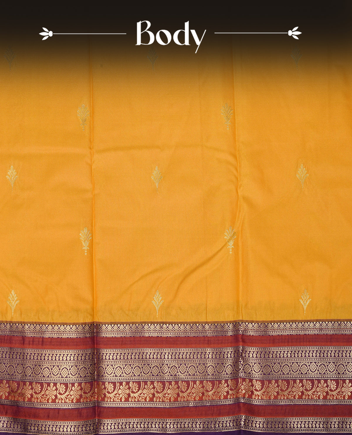 Mustard yellow colour semi wedding silk saree featuring gold zari buttas on body, contrast brown & purple colour traditional border on body, rich pallu comes with matching blouse piece