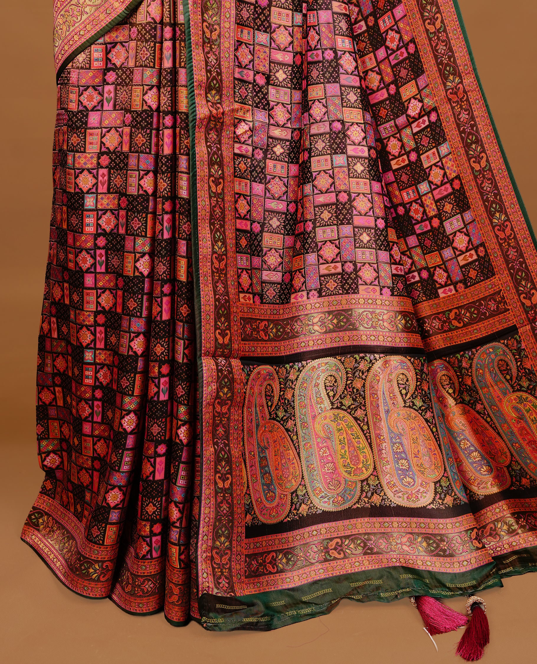 Black Pashmina Saree featuring multicolour geometric patchwork inspired woven design, enhanced with an intricate paisley woven border and richly detailed pallu, paired with a matching blouse piece.