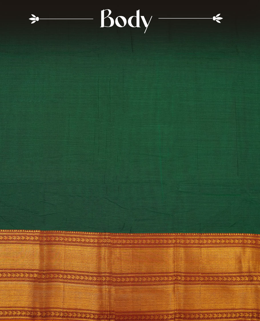 Dark green colour Narayanapattu cotton saree featuring a self coloured body, contrast deep red colour with gold zari border and pallu, pairing a matching blouse piece.