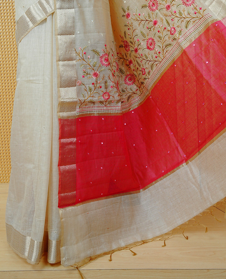 Cream Colour Tussar Kerala Saree Featuring Elegant Mirror Work on the Body, Enhanced with a Light Gold Zari Border, Floral Thread Work, and a Pink & Gold Zari Pallu, Paired with a Matching Blouse Piece