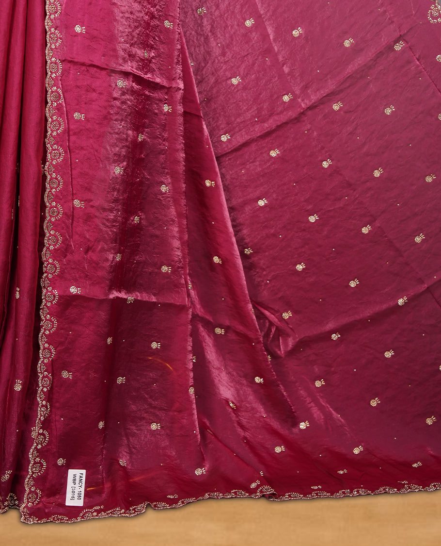 Cranberry pink Colour velvet Chiffon Designer Saree featuring Delicate White Stone motifs on Body, with Stone Detailing on the Border and Pallu, paired with a Matching Blouse.