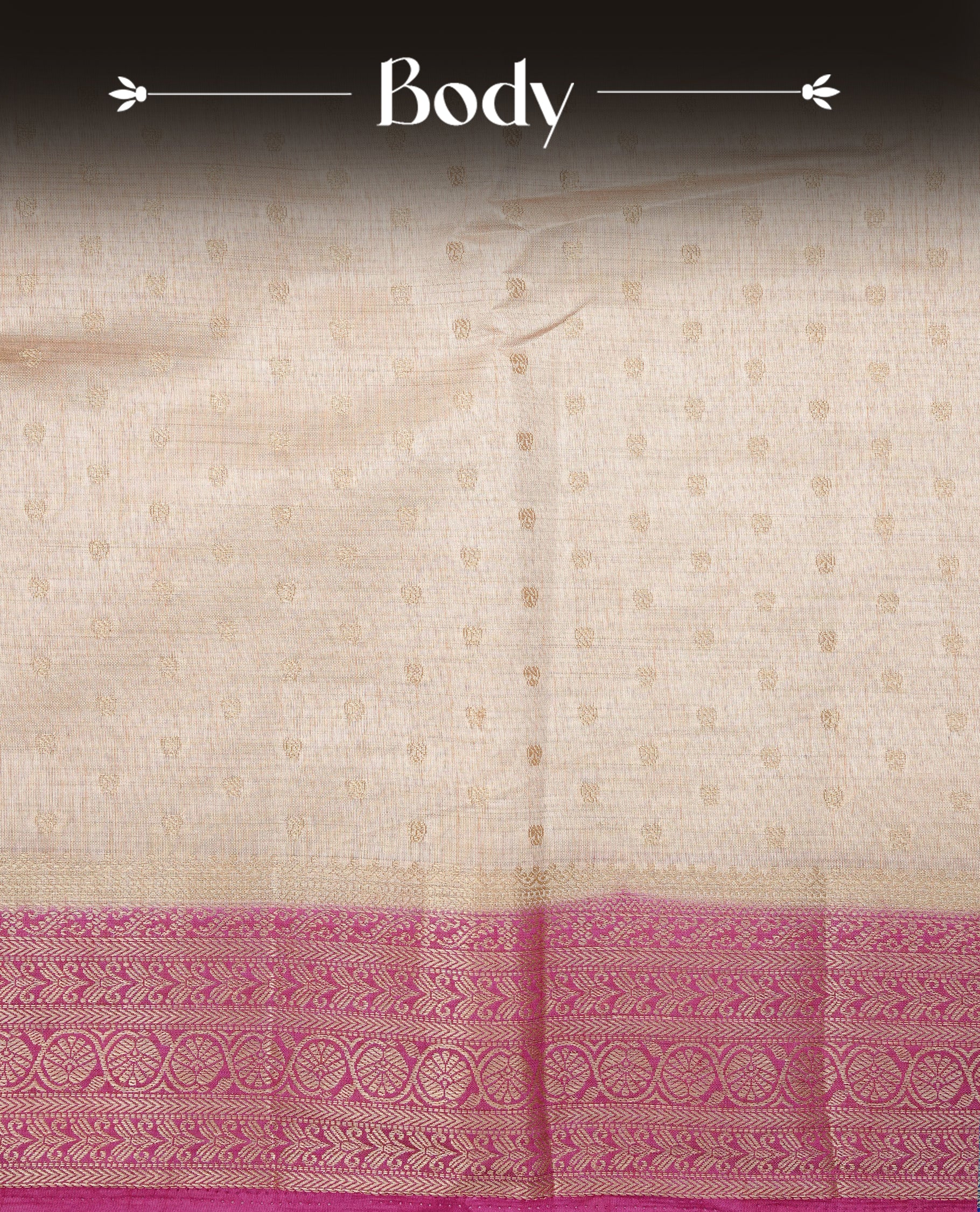 Light Gold Tussar saree featuring Gold zari buttas on body, complemented by contrast Magenta Colour with Gold zari border, comes with matching blouse piece.