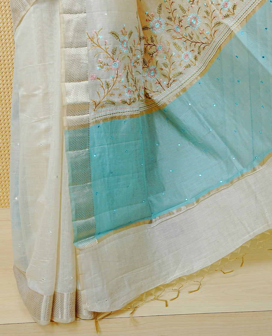 Cream Colour Tussar Kerala Saree Featuring Elegant Mirror Work on the Body, Enhanced with a Light Gold Zari Border, Floral Thread Work, and a Blue & Gold Zari Pallu, Paired with a Matching Blouse Piece