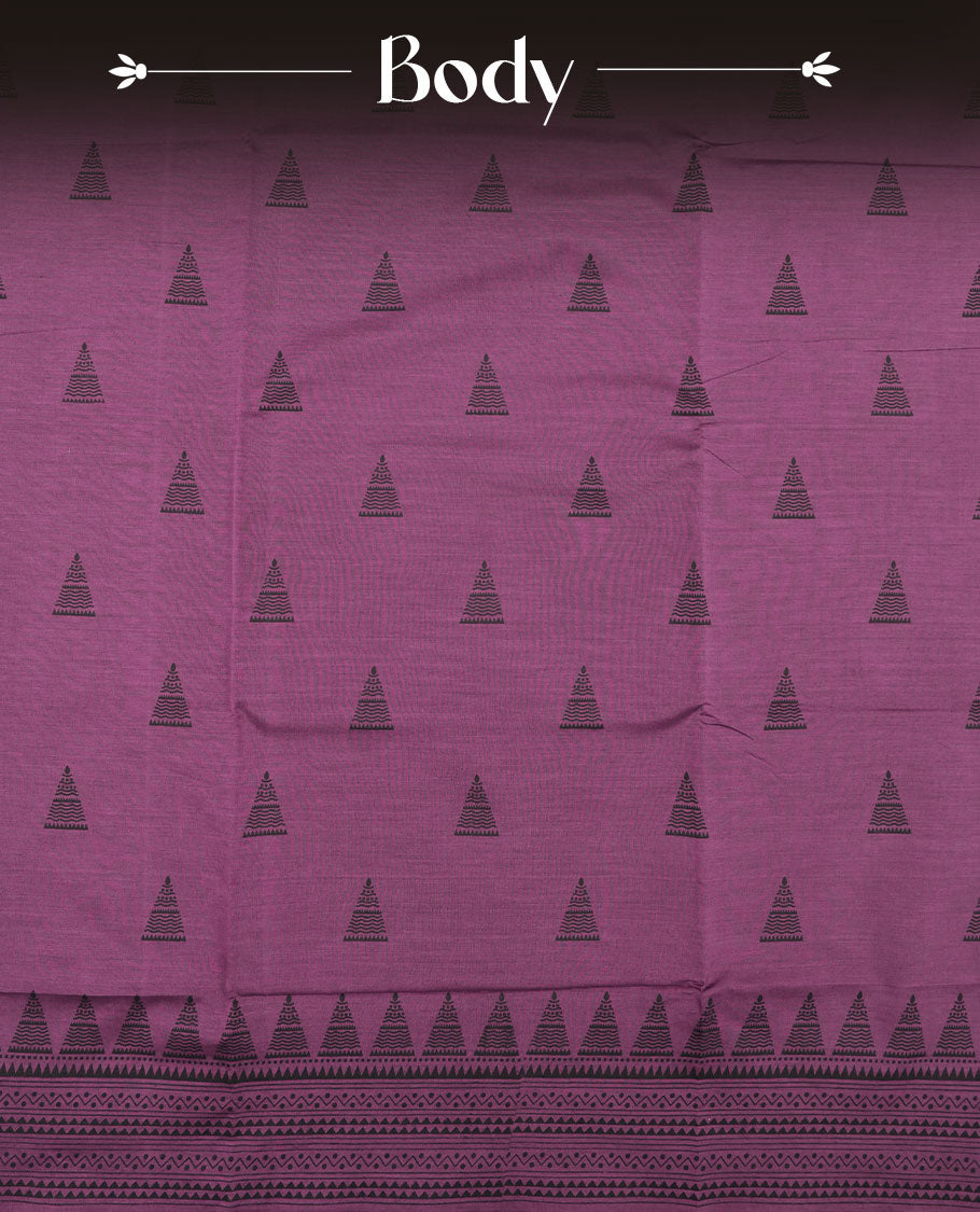 Purple colour poly cotton saree with black temple motifs on the body, paired with a matching with black woven traditional border, and a coordinated all‑over geometric printed blouse piece.